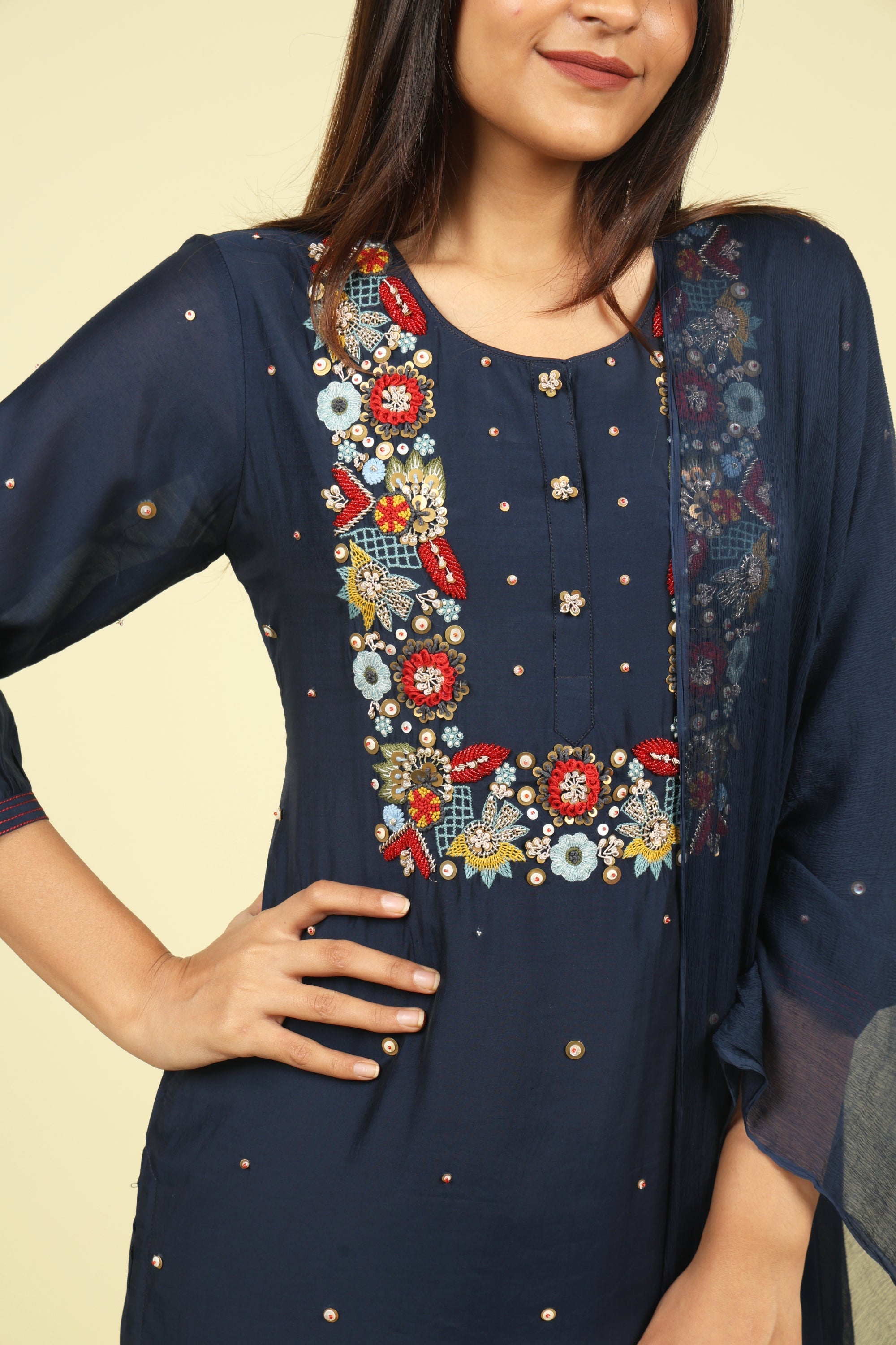 Navy Embroidered Mul Chanderi Salwar Suit