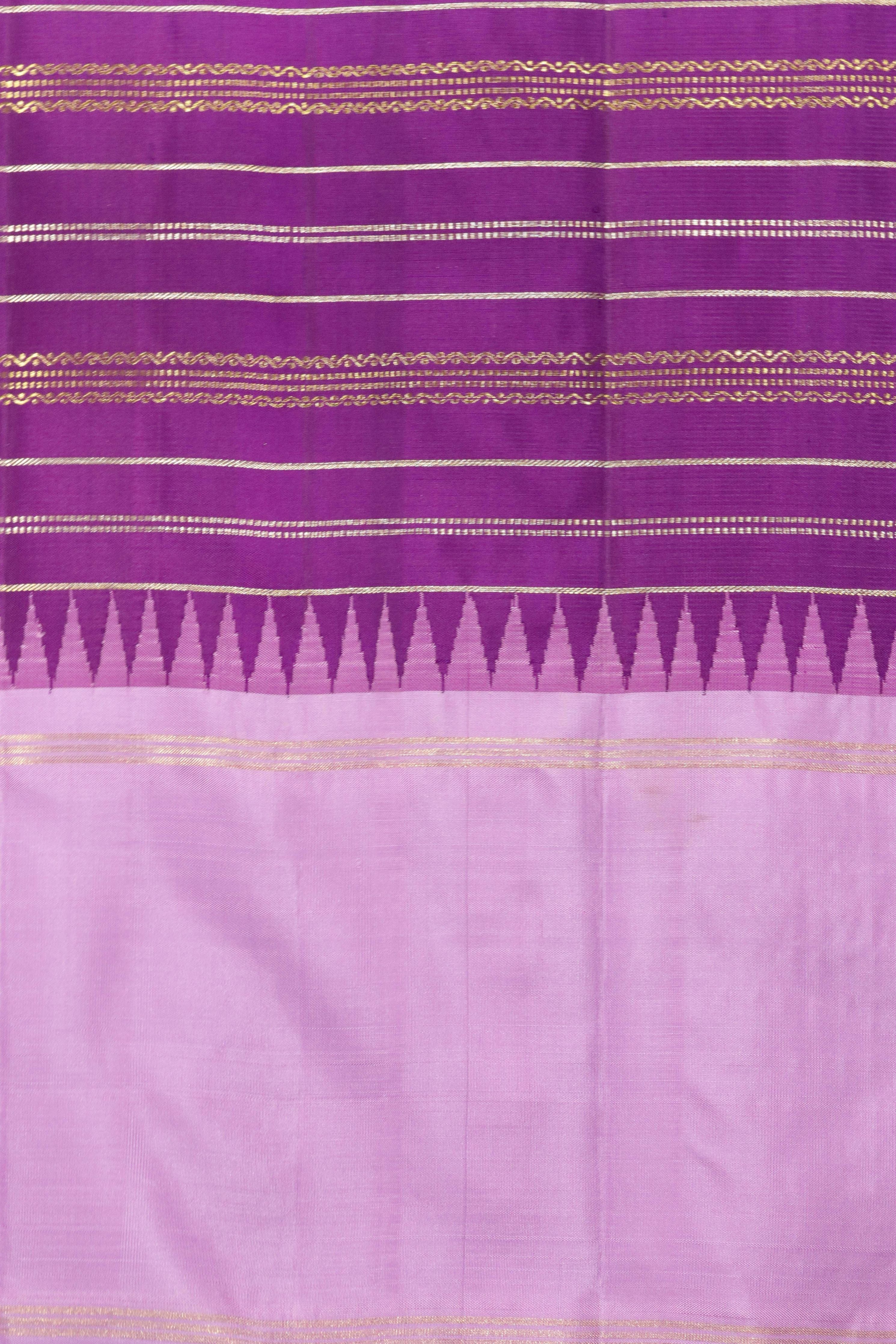Purple Kanchipuram Silk Saree with Gold & Silver Zari Stripes and Contrast Silk Border - Mokshaa