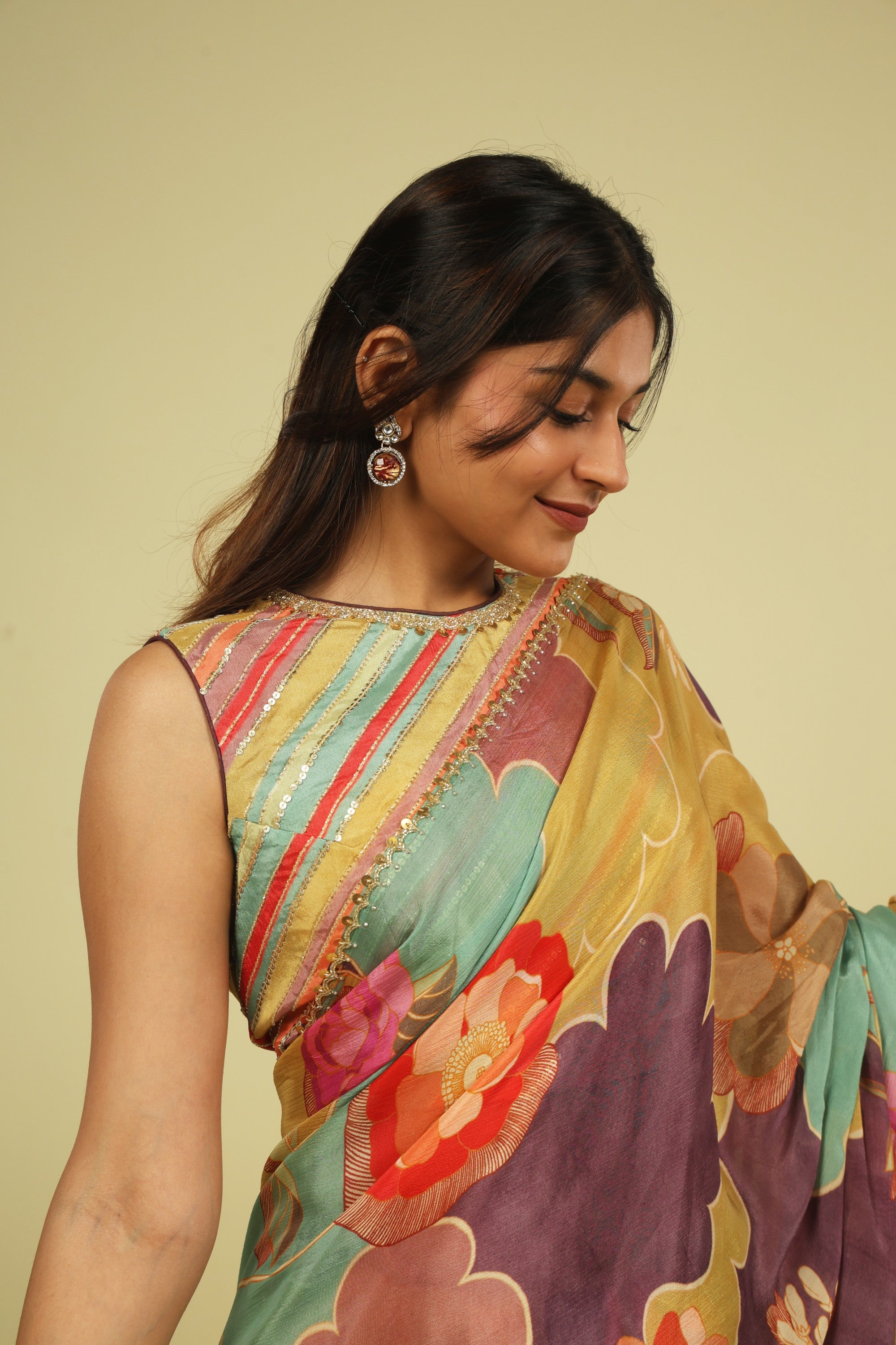 Multicolour Silky Georgette Saree with Digital Print & Bead-Sequin Border