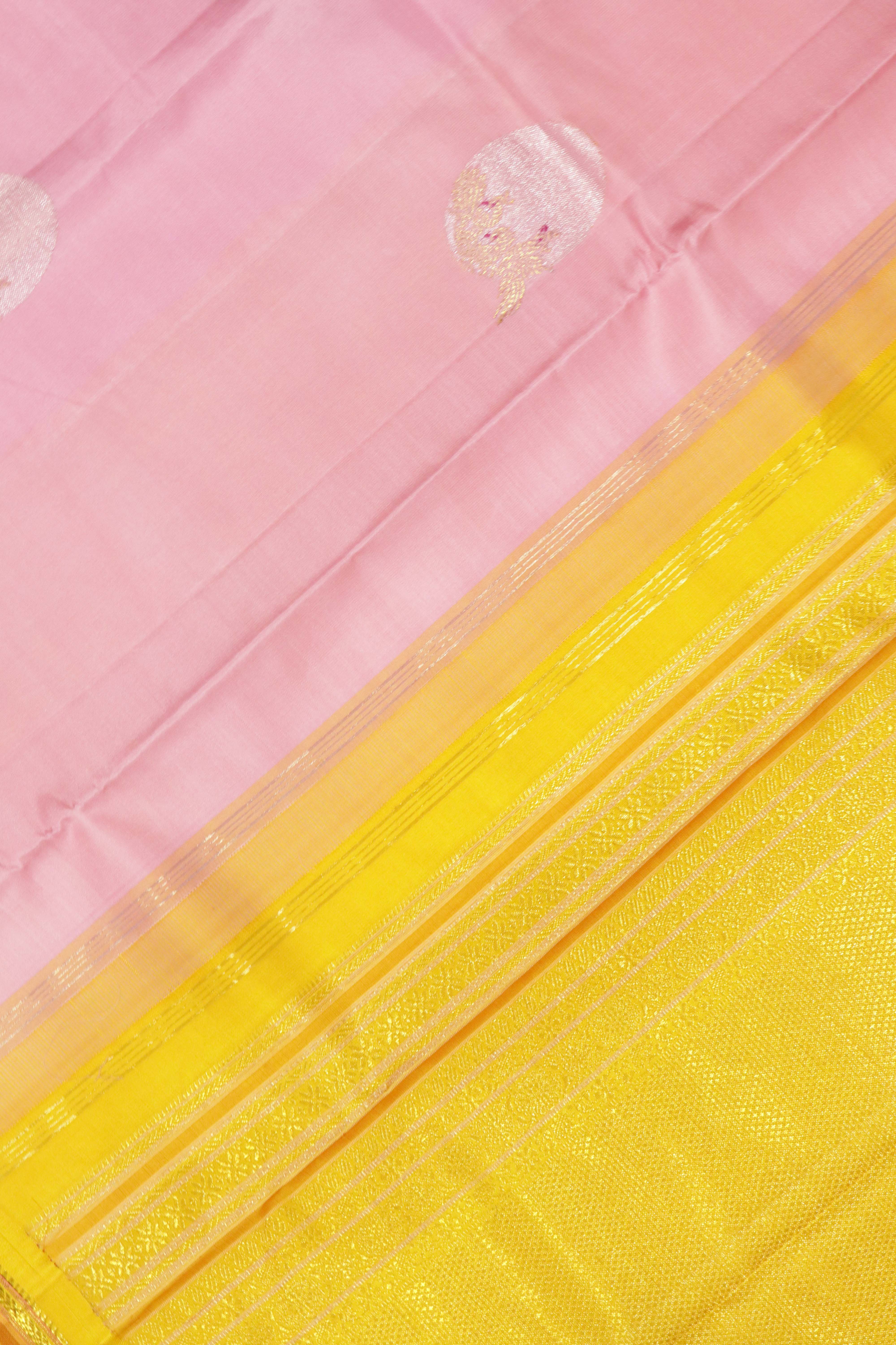 Baby Pink Kanchipuram Silk Saree with Fancy Motifs and Contrast Zari Border
