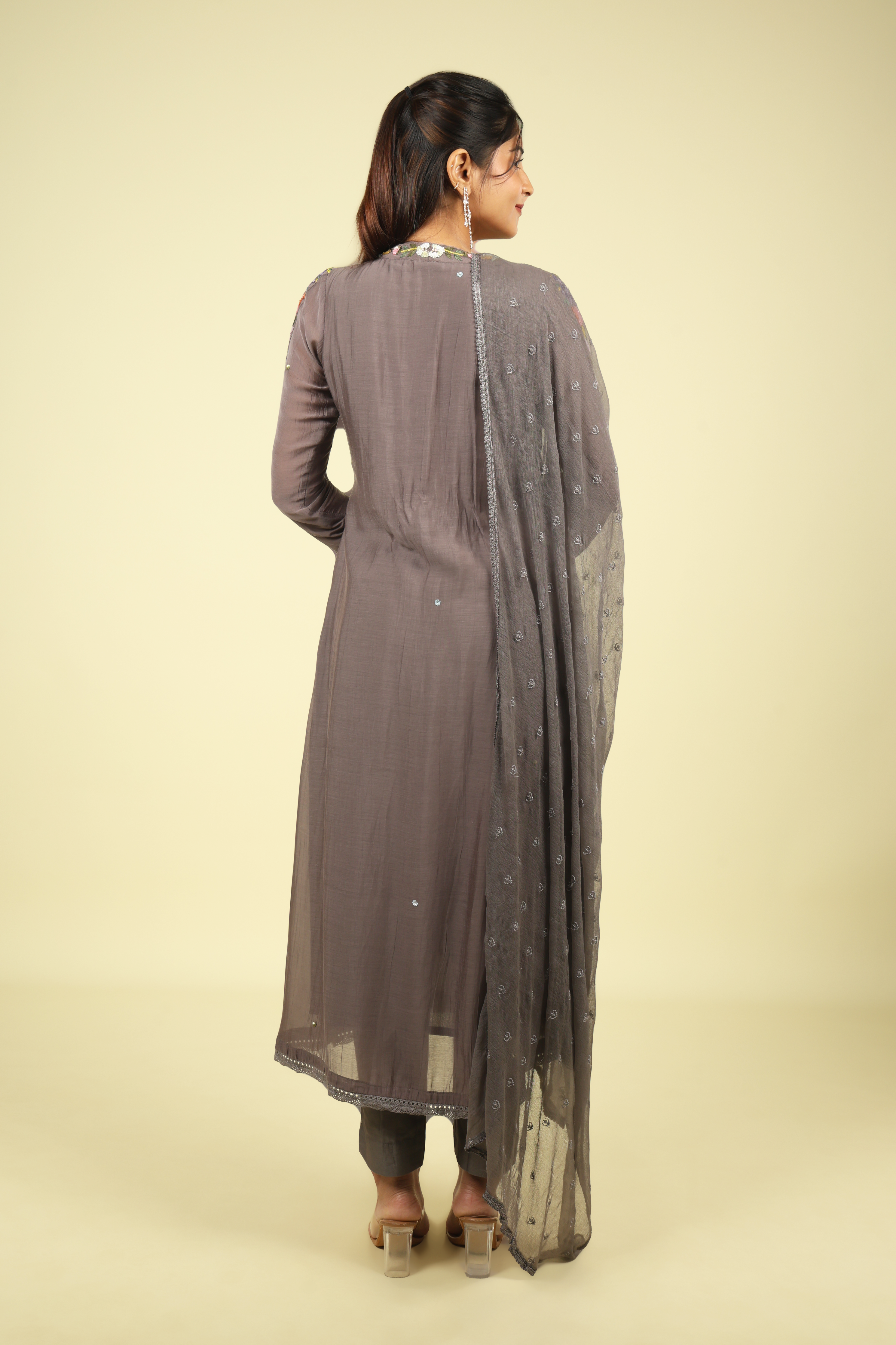 Grey Embroidered Mul Chanderi Salwar Set - Mokshaa