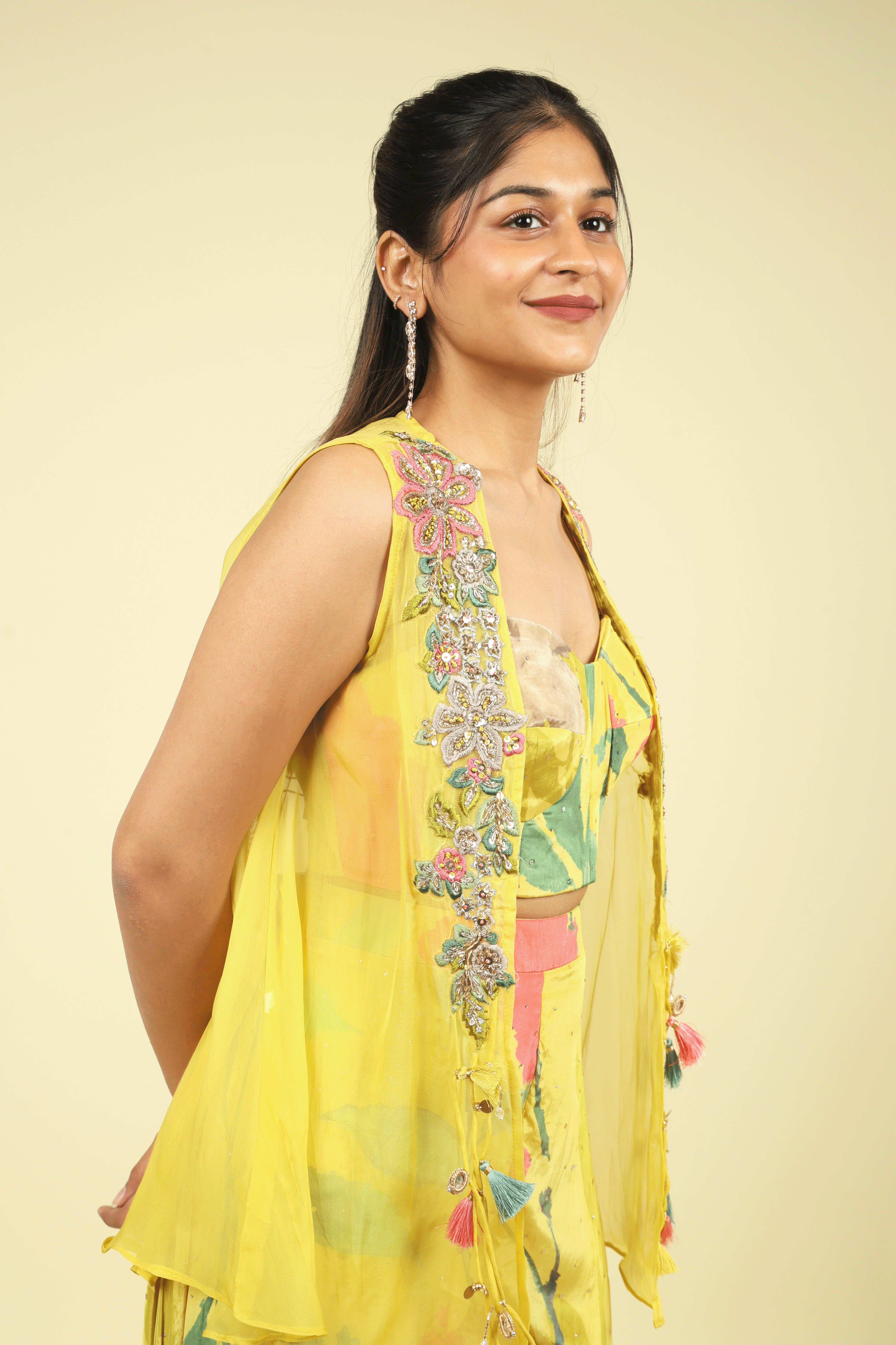 Yellow Printed Crepe Crop Top Palazzo Set