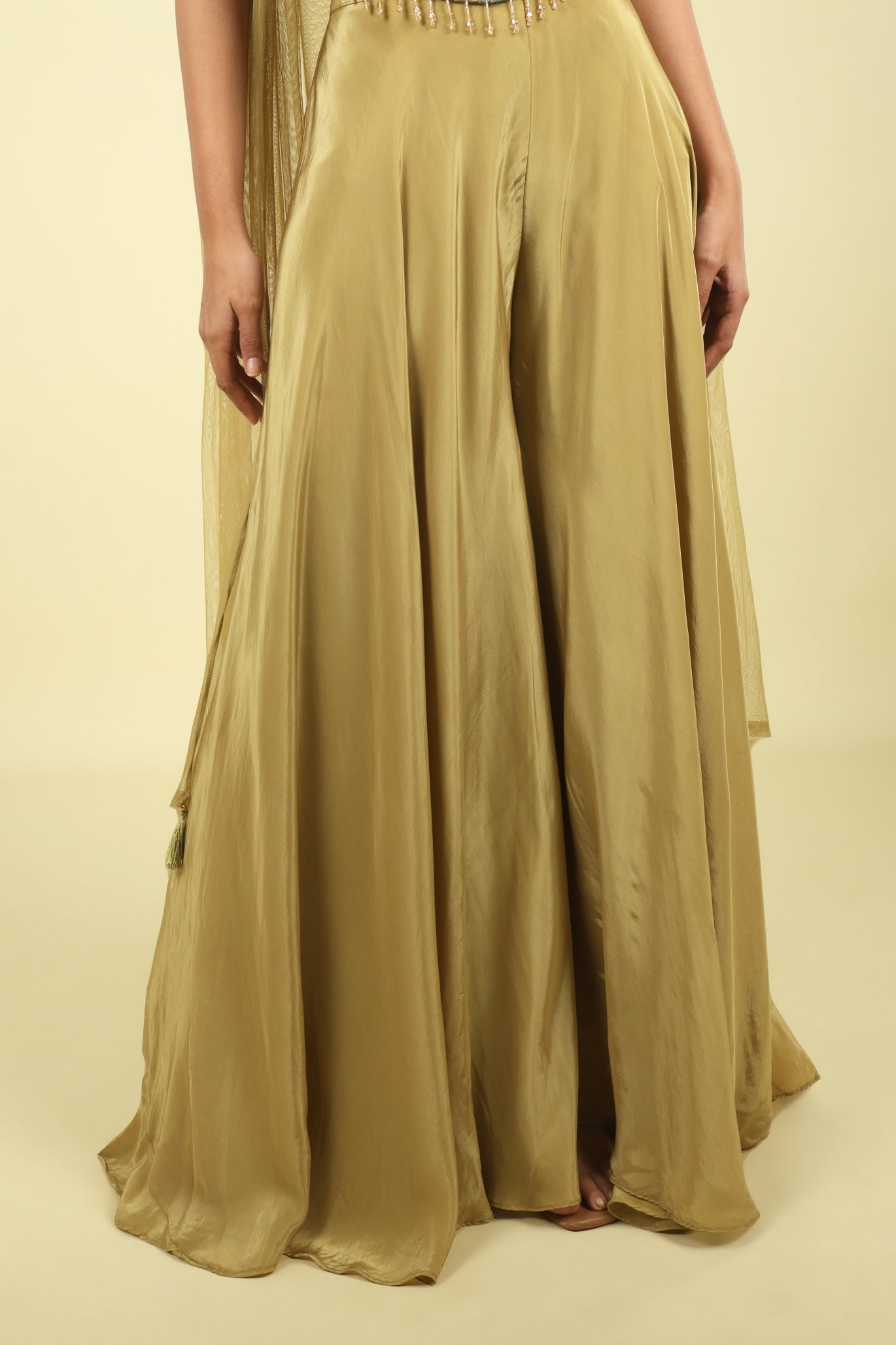 Olive Green Embroidered Satin Silk Corset Palazzo Set