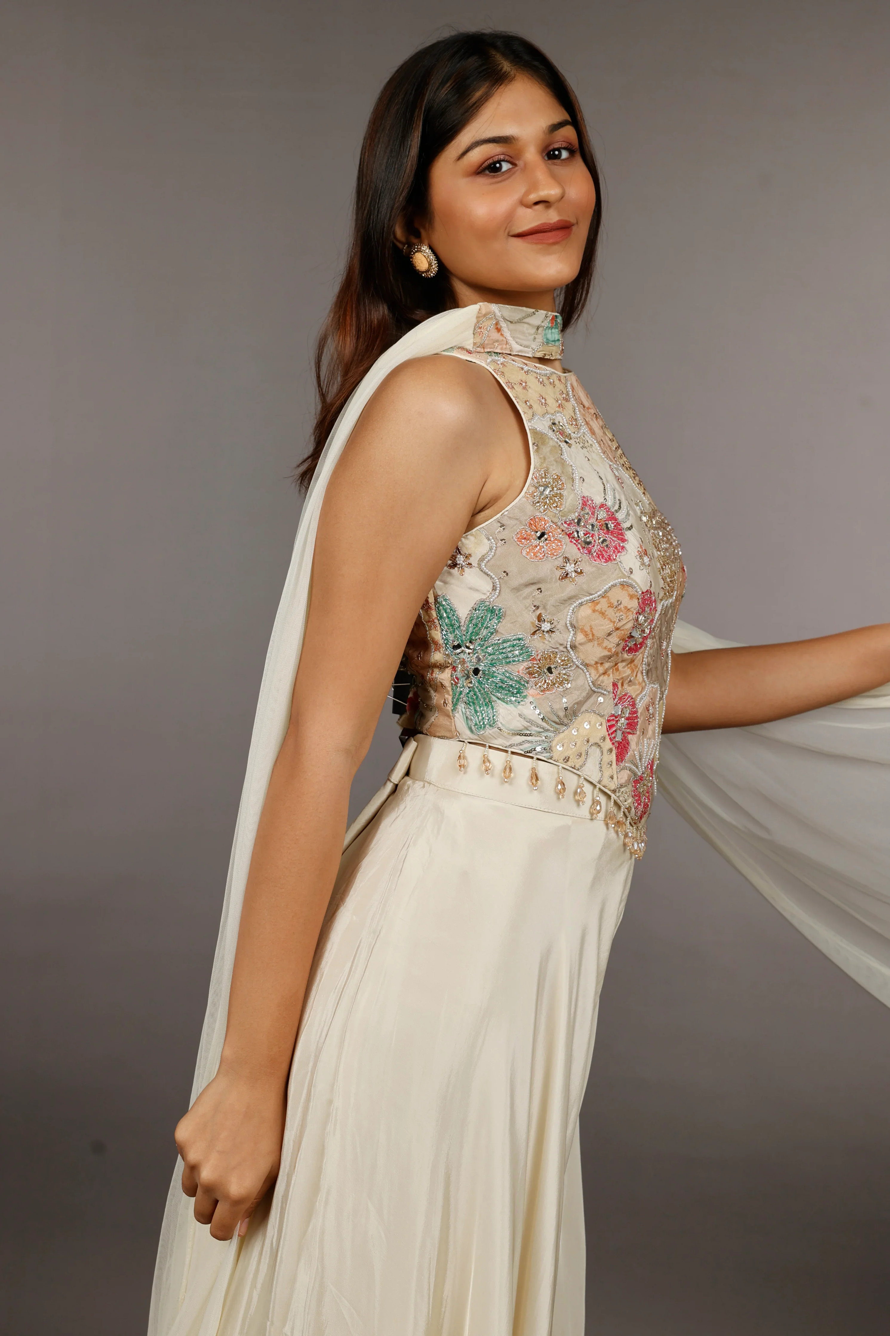 Ivory Satin Silk Corset Palazzo Set with Pearl, Cutdana & Zari Embroidery - Mokshaa