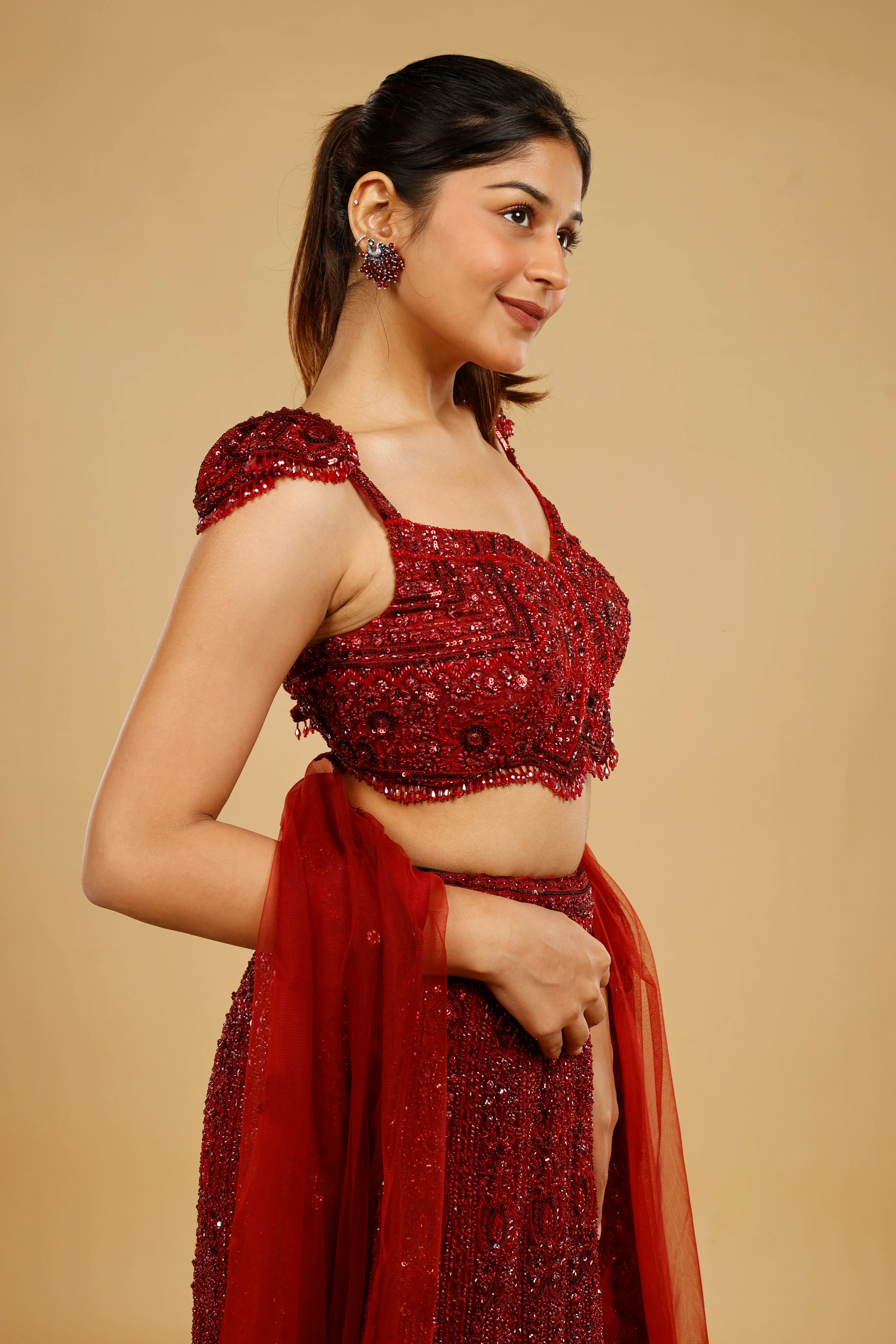 Maroon Hand-Embroidered Mermaid Lehenga Set - Mokshaa