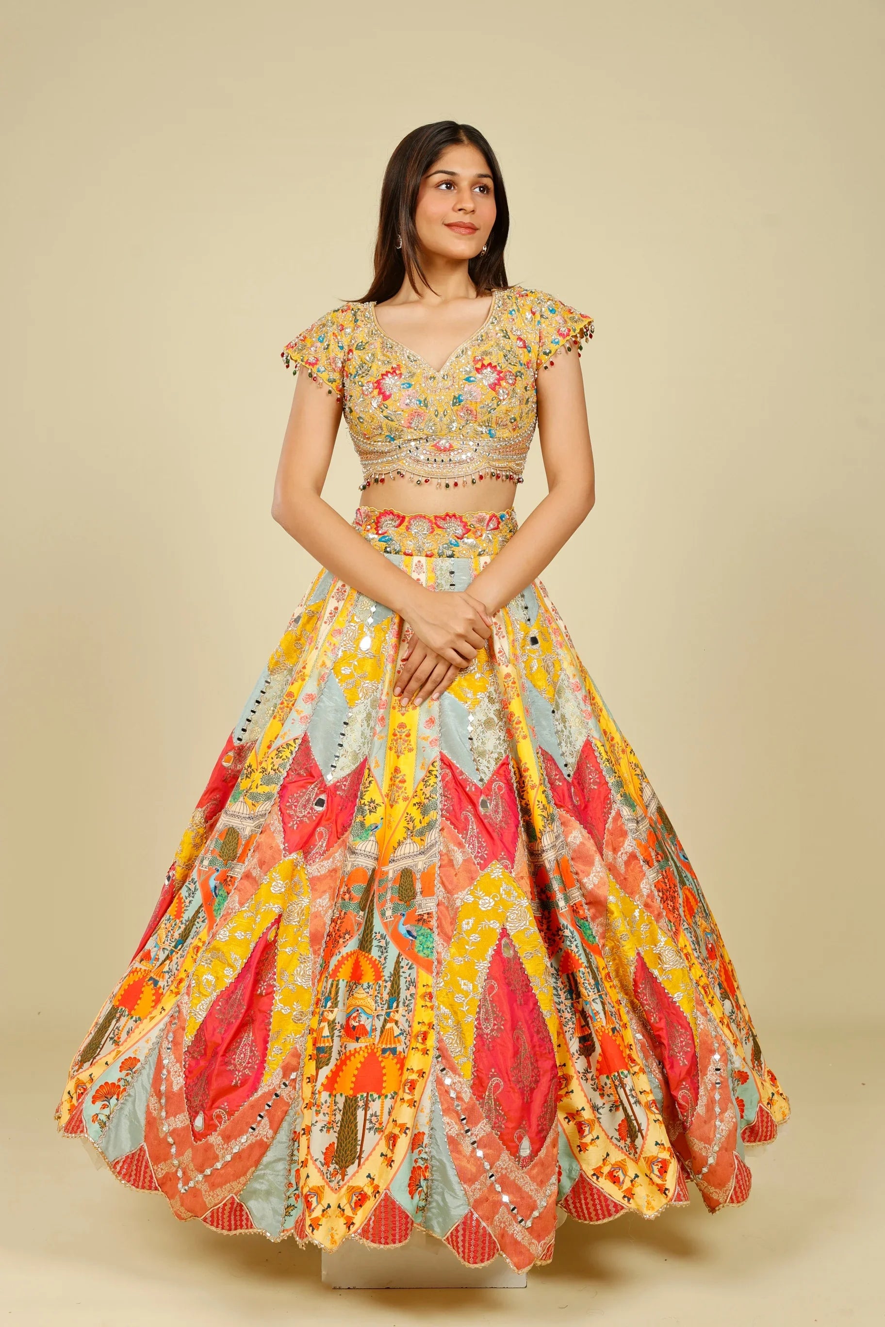 Multicolour Printed Silk Patchwork Lehenga Set with Mirror & Zari Embroidery | Mokshaa