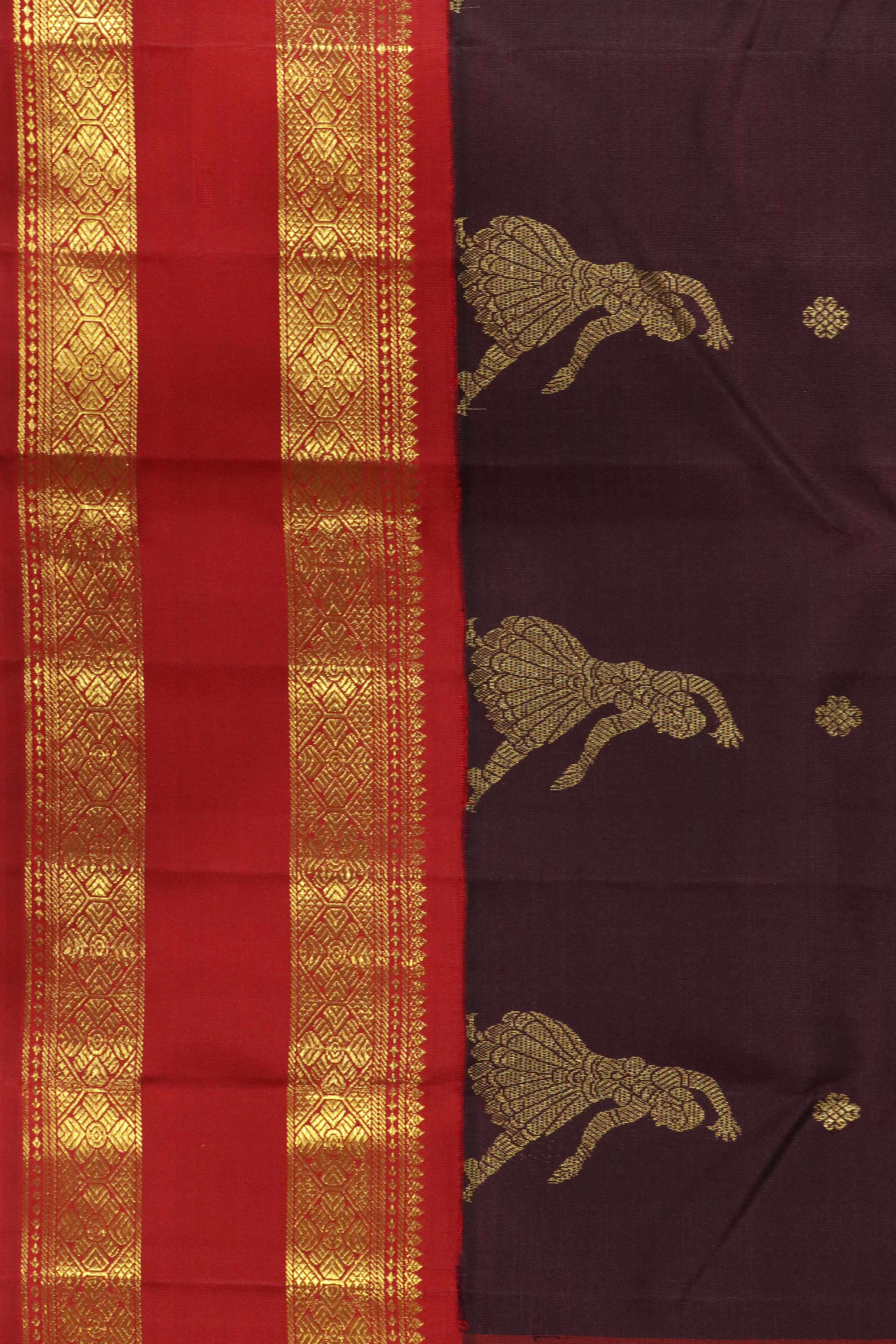 Chocolate Brown Kanchipuram Silk Saree with Motifs & Dancing Figurines and Contrast Zari Border