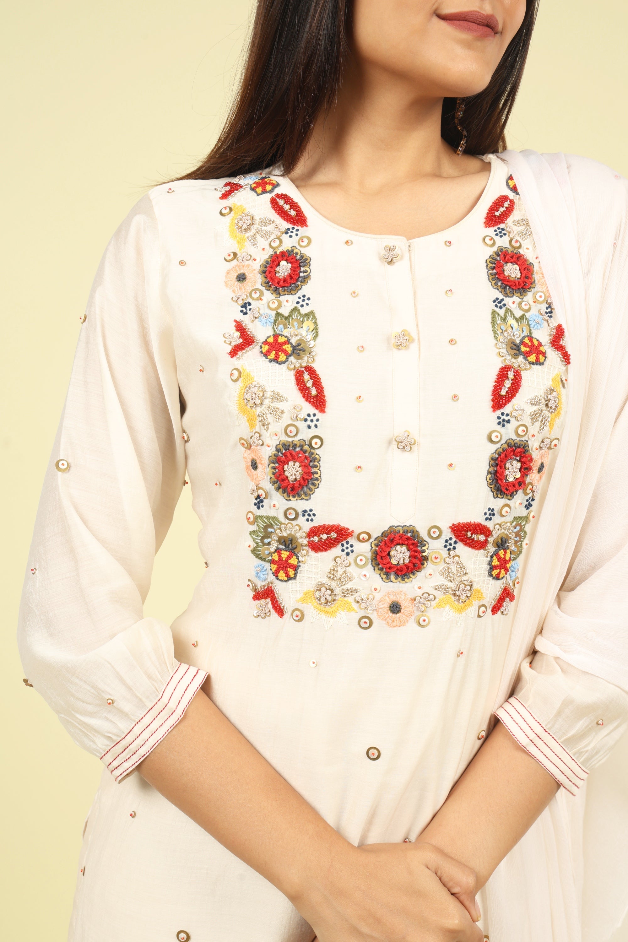 Cream Mul Chanderi Straight Cut Salwar Suit with Chiffon Dupatta