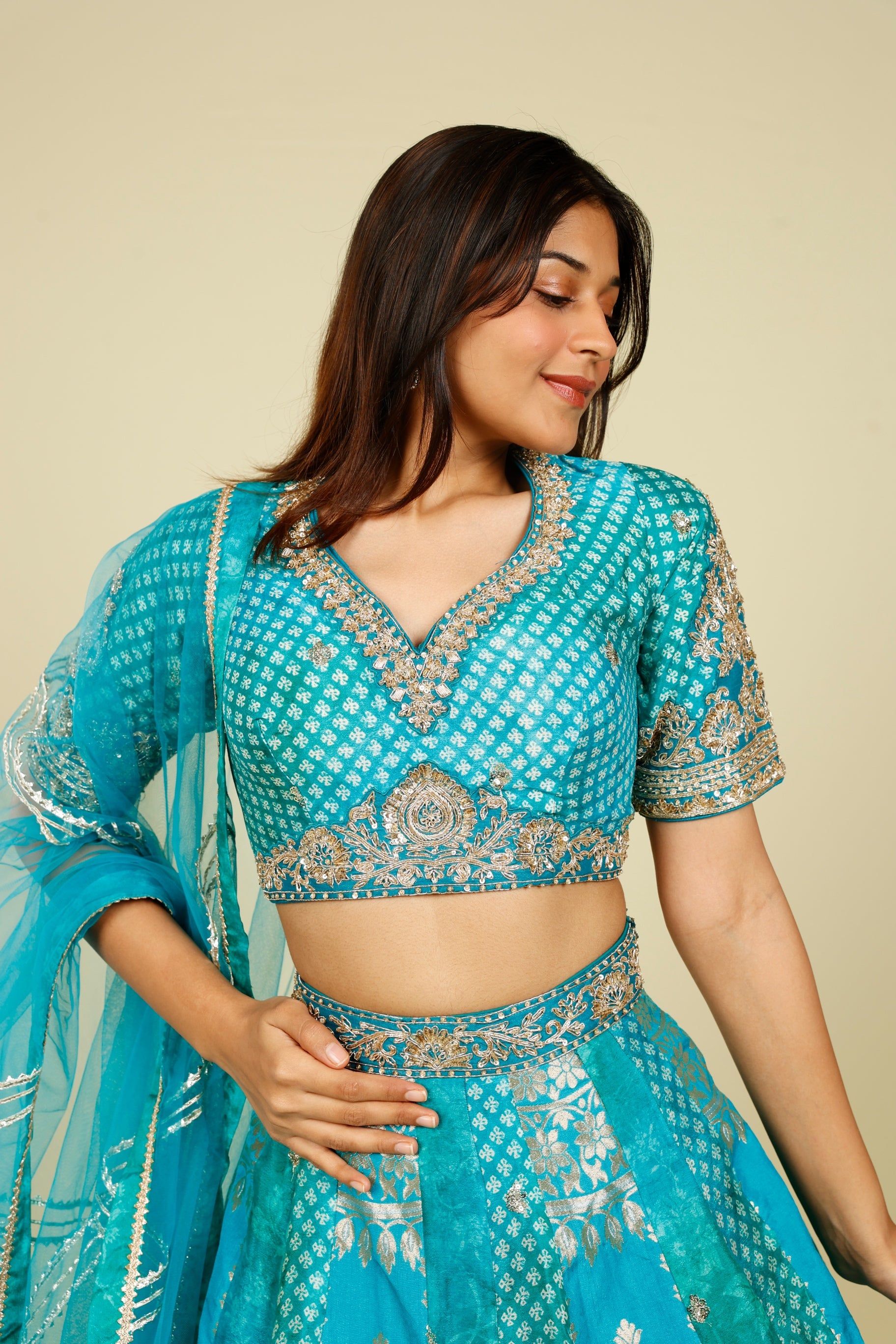 Teal Banarasi Printed Lehenga Set with Zari, Zardozi & Sequin Embroidery | Mokshaa