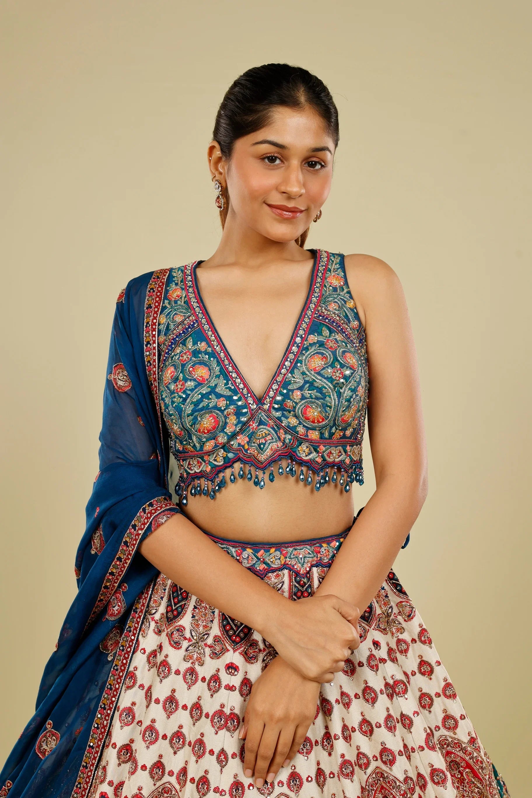 Blue Multicolour Printed Silk Lehenga Set with Zari, Sequin & Cutdana Highlights | Mokshaa