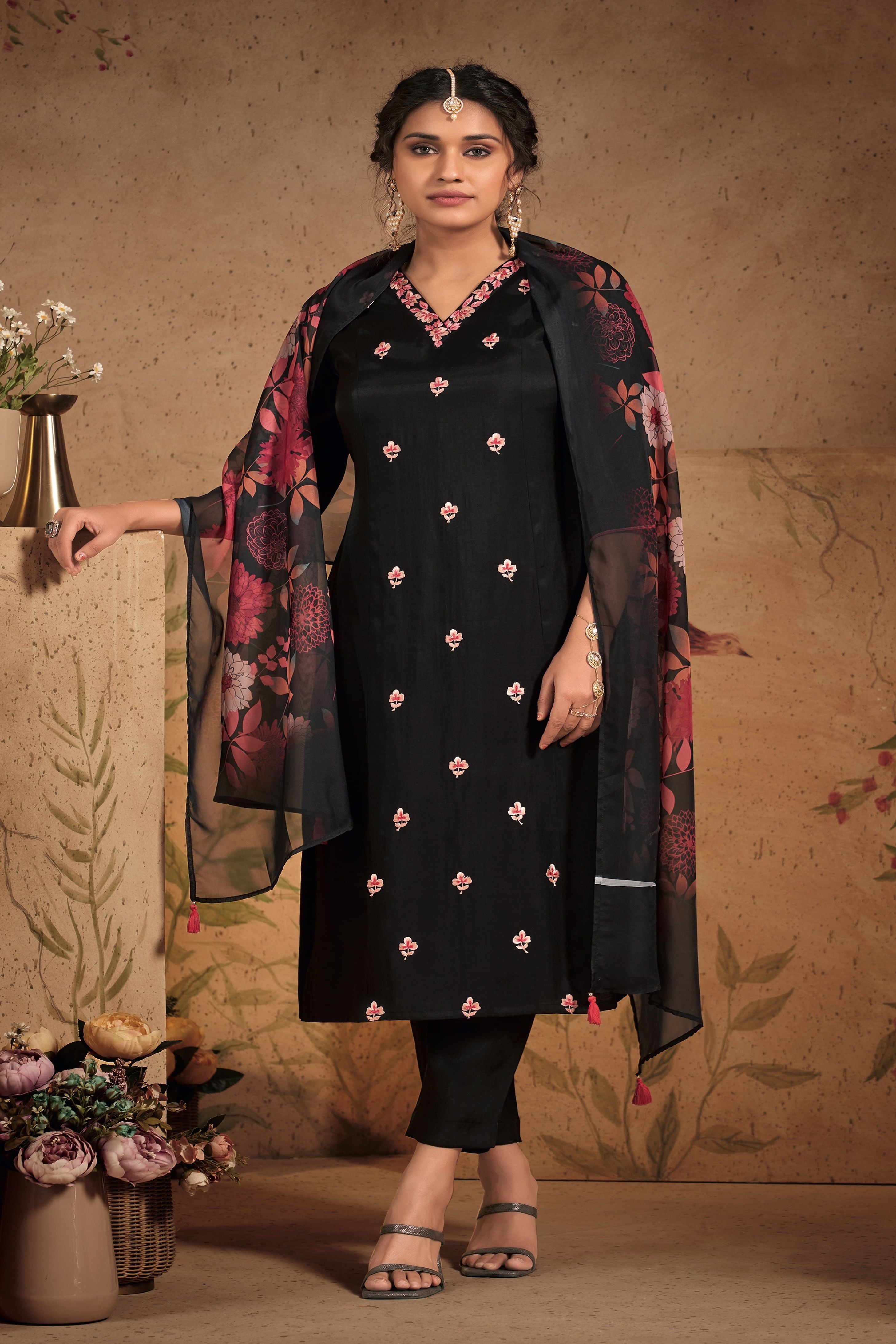 Navy Blue Kurta Set with Delicate Floral Embroidery and Printed Dupatta - Mokshaa