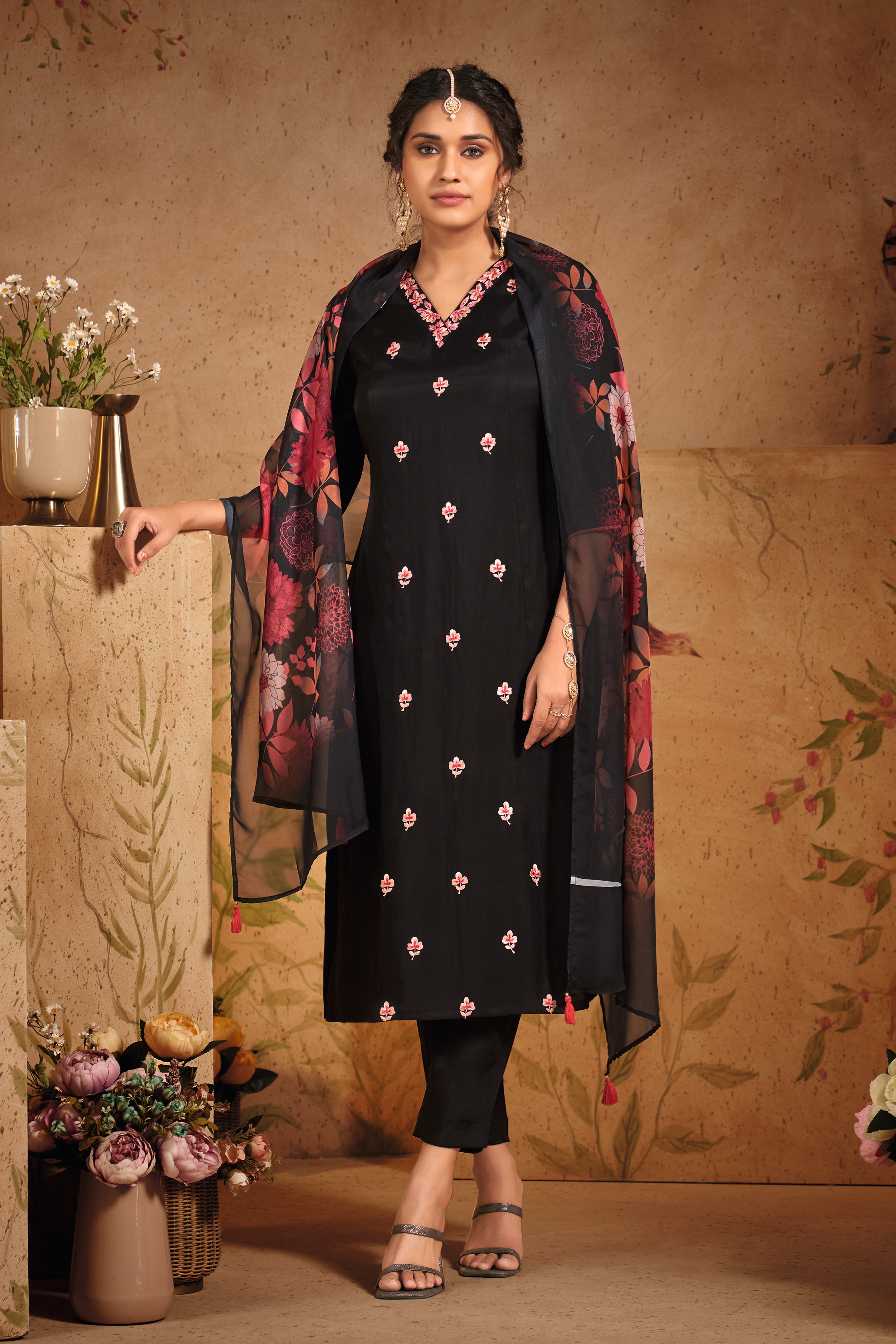 Navy Blue Kurta Set with Delicate Floral Embroidery and Printed Dupatta - Mokshaa