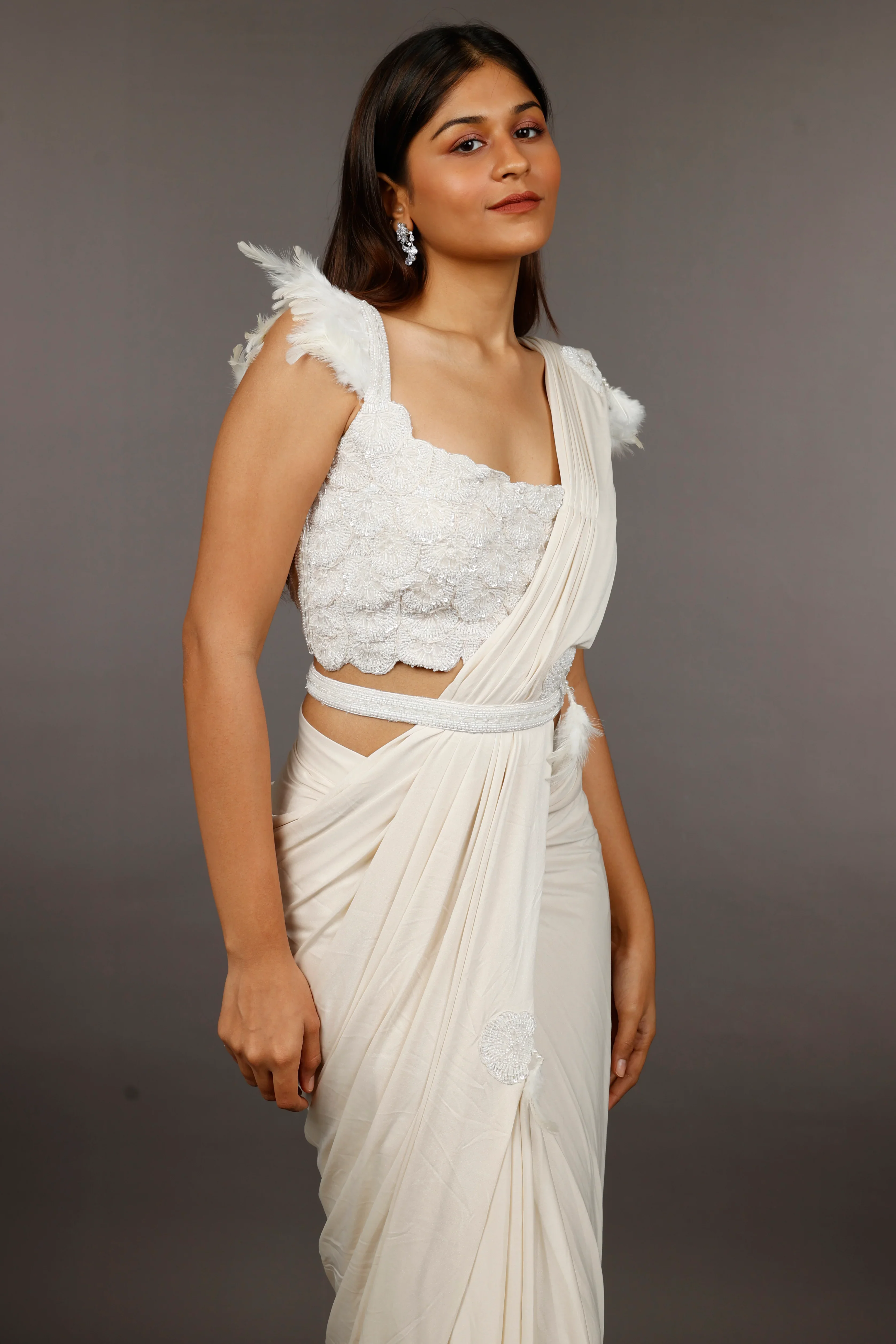 Ivory Lycra Silk Drape Saree with Feather and Pearl Embroidery - Mokshaa
