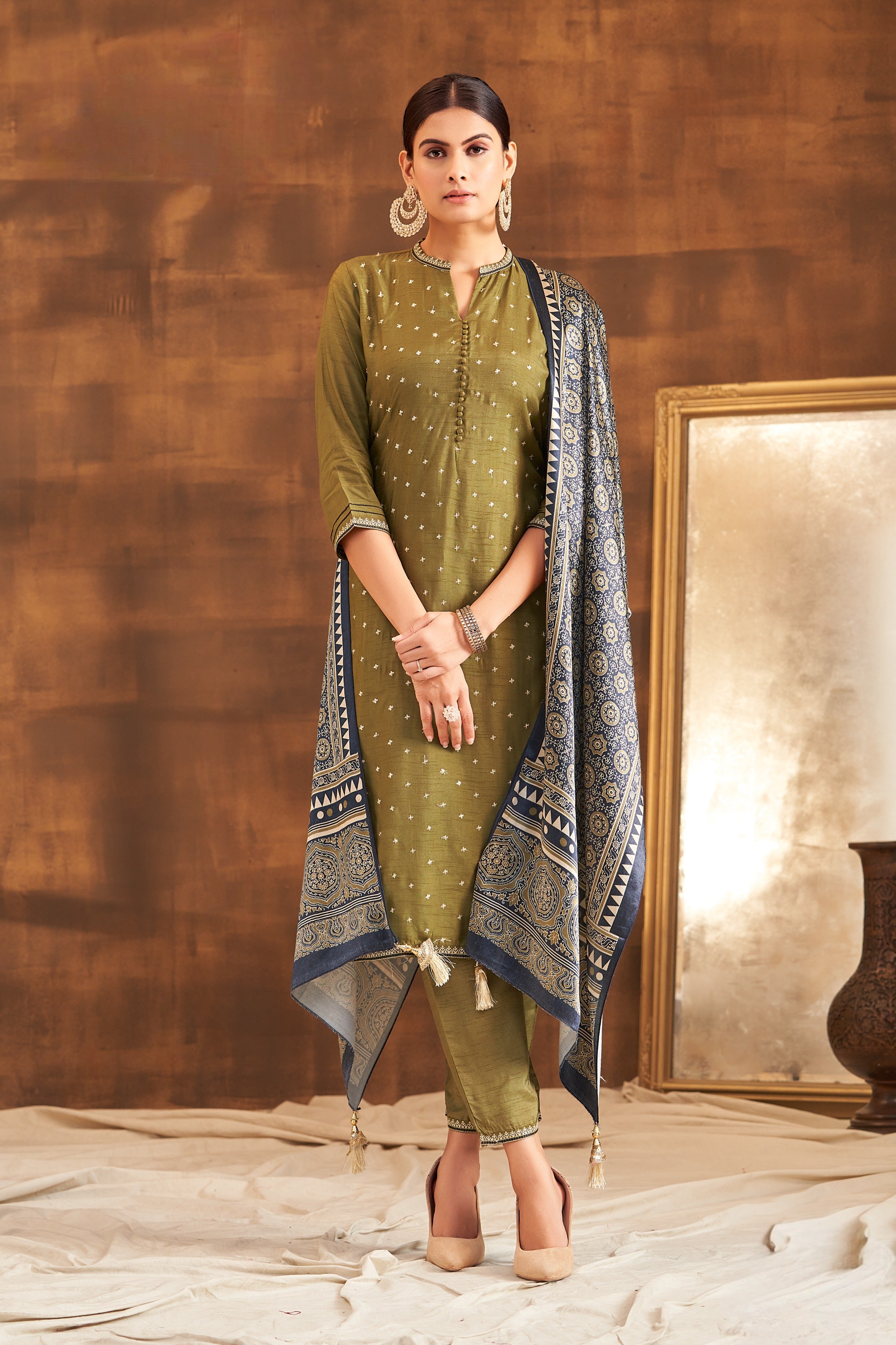 Olive Raw Silk Kurta Set with Ajrakh Printed Dupatta