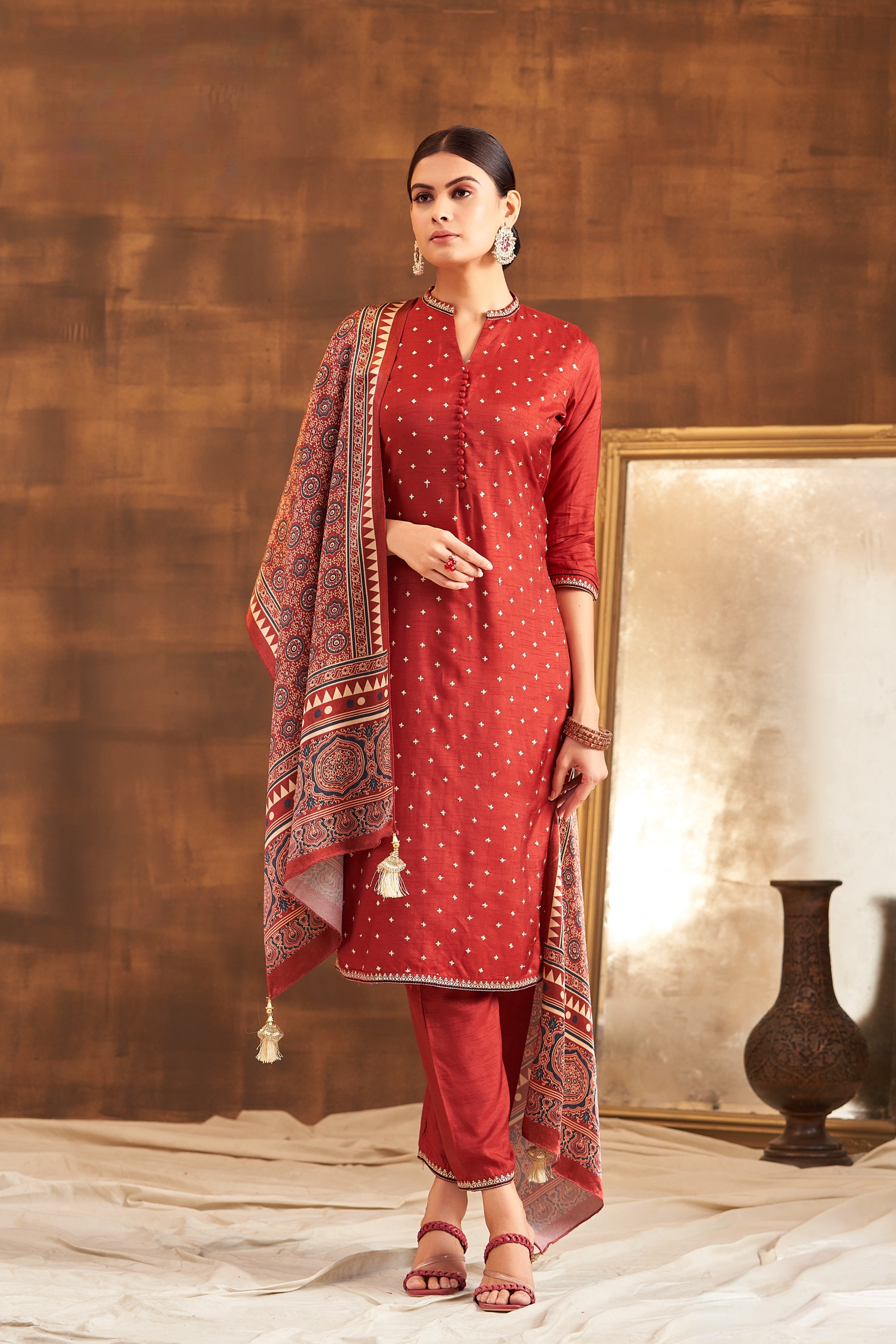 Red Raw Silk Kurta Set with Ajrakh Printed Dupatta