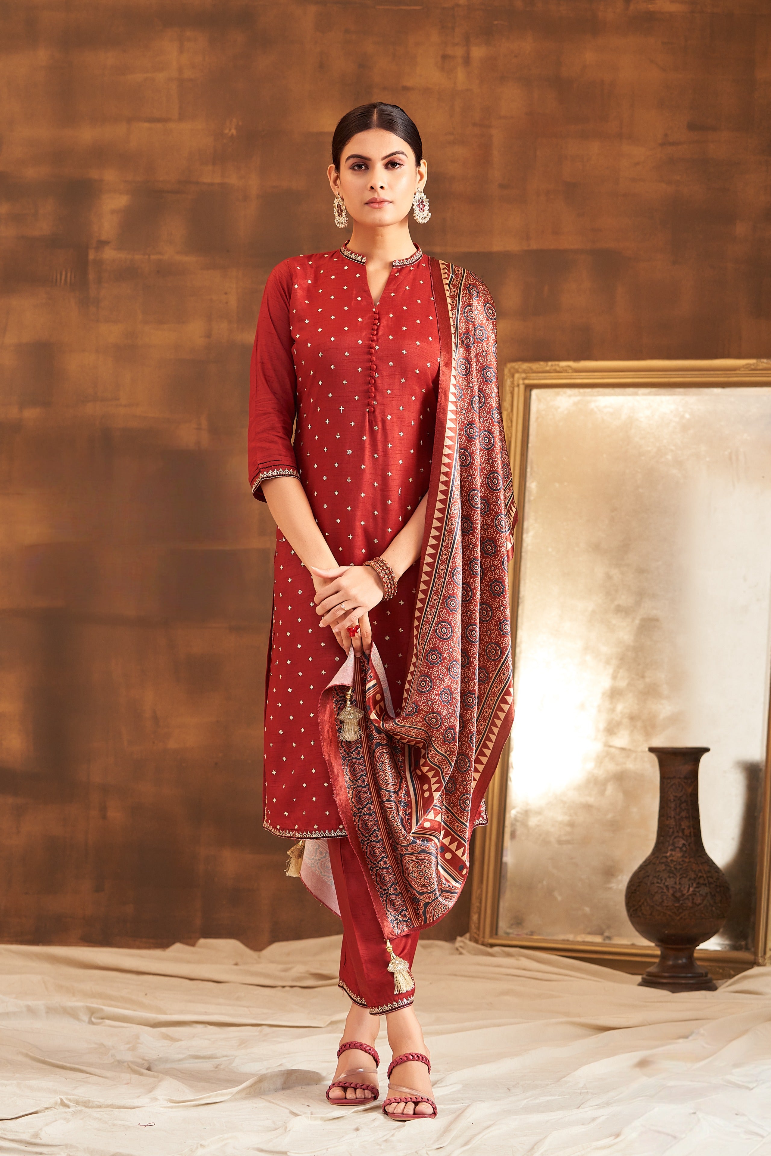 Red Raw Silk Kurta Set with Ajrakh Printed Dupatta