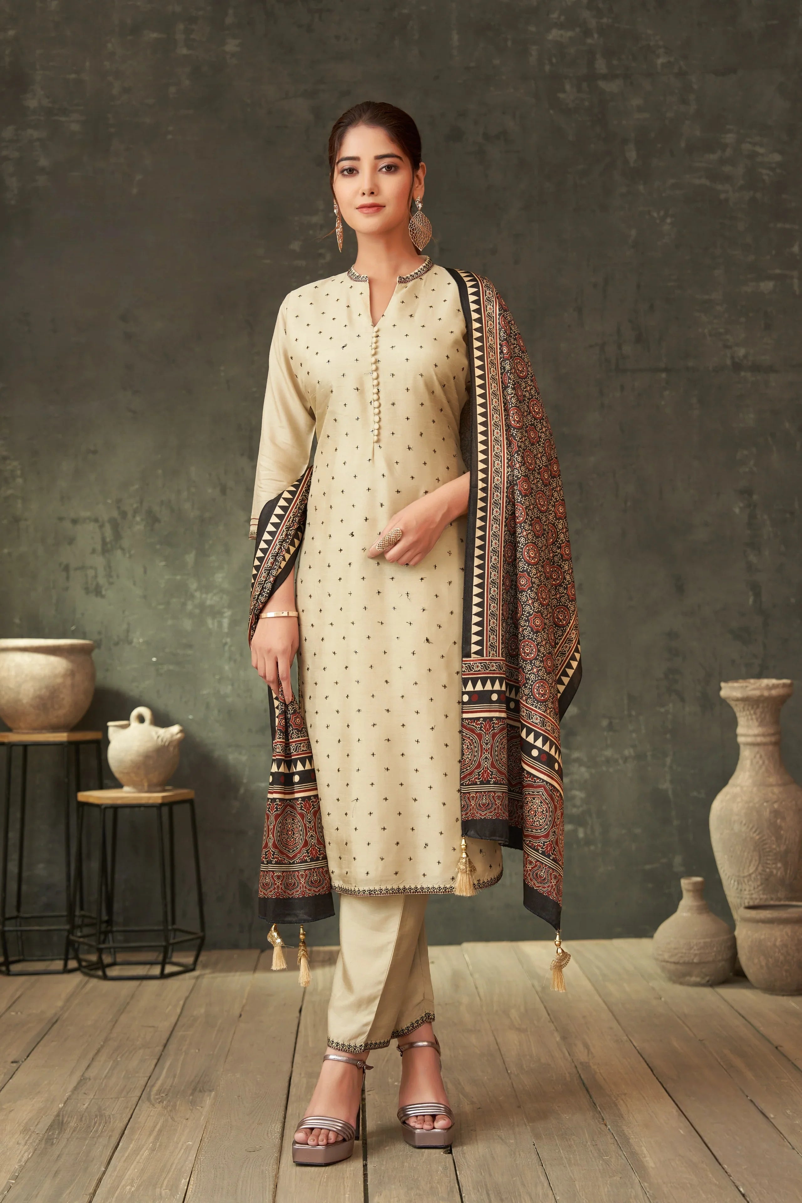 Ivory Raw Silk Kurta Set with Ajrakh Printed Dupatta | Mokshaa