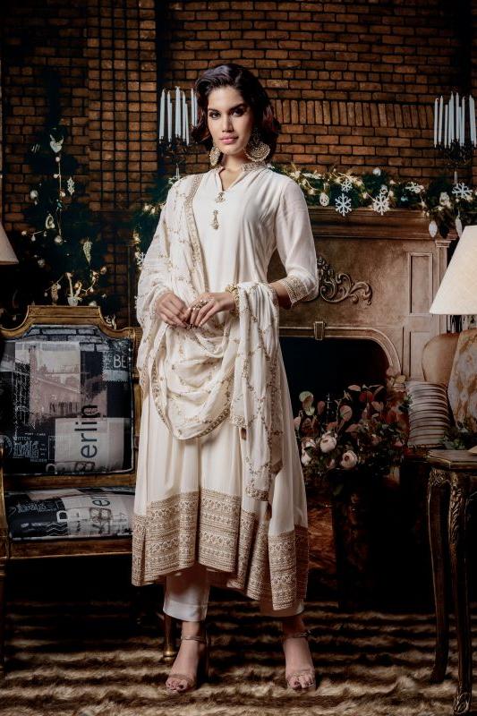 Ivory Embroidered Kurta Set with Churidar and Dupatta - Mokshaa