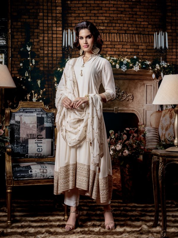 Ivory Embroidered Kurta Set with Churidar and Dupatta - Mokshaa