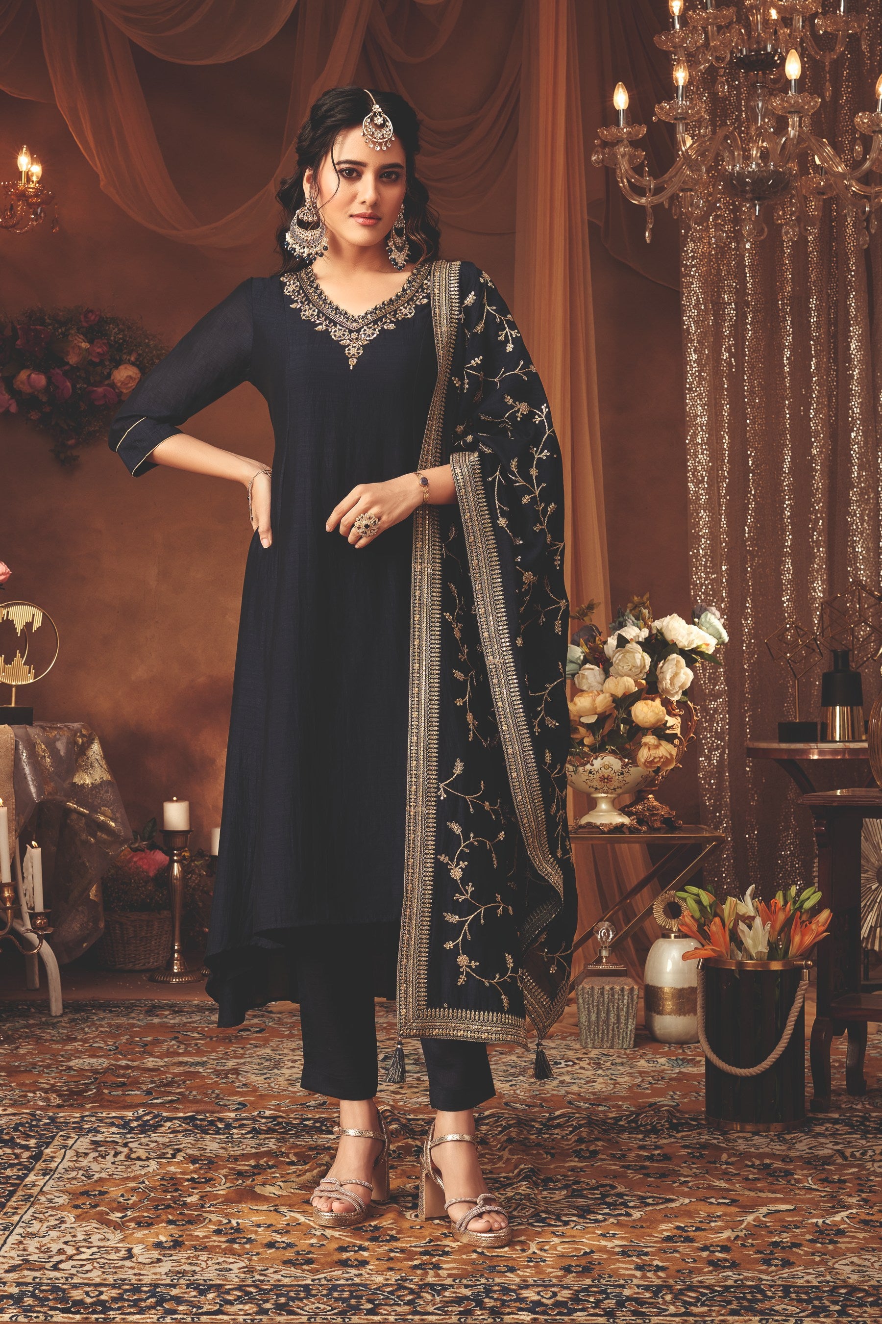 Navy Blue Embellished Raw Silk Kurta Pants Set - Mokshaa