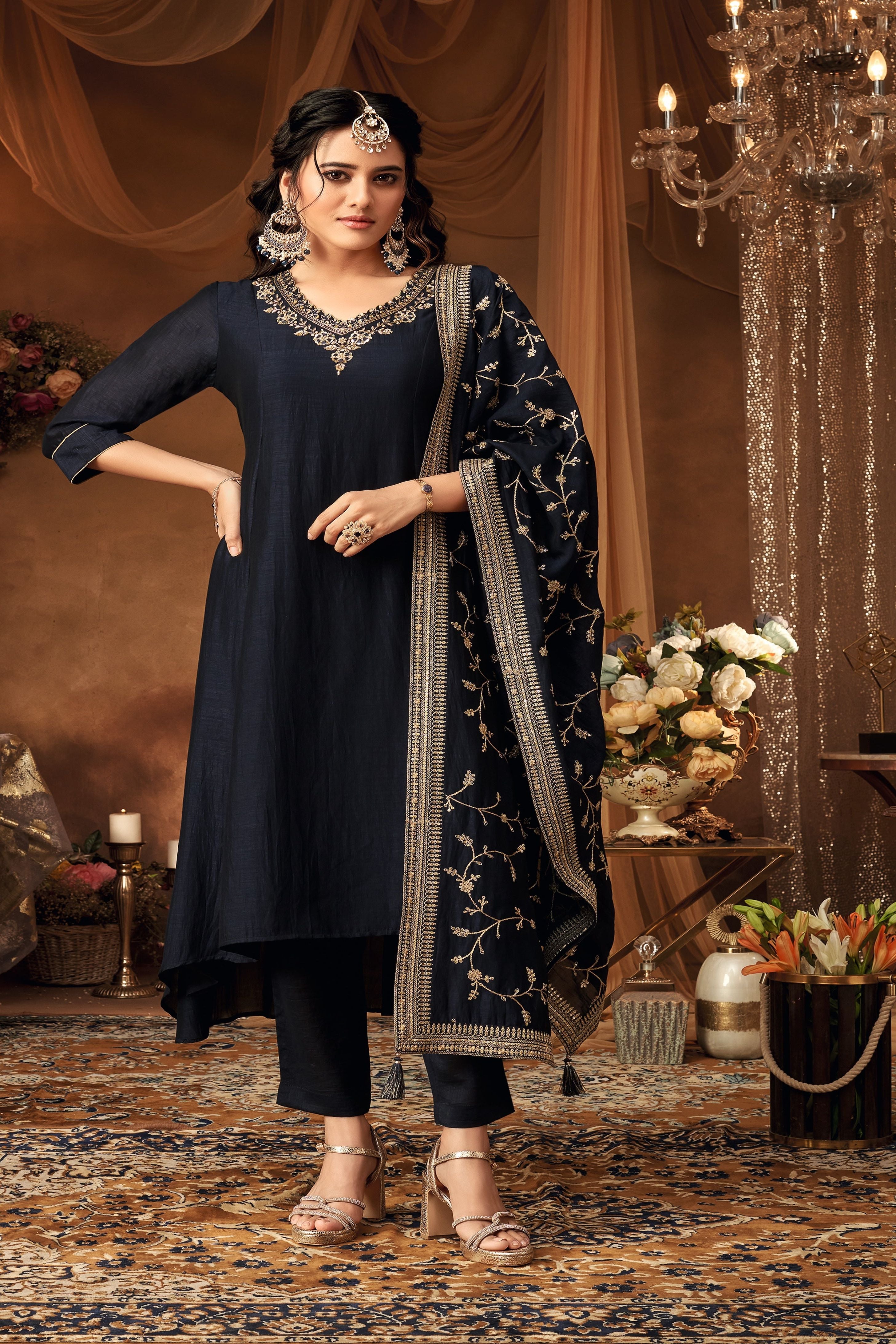 Navy Blue Embellished Raw Silk Kurta Pants Set - Mokshaa