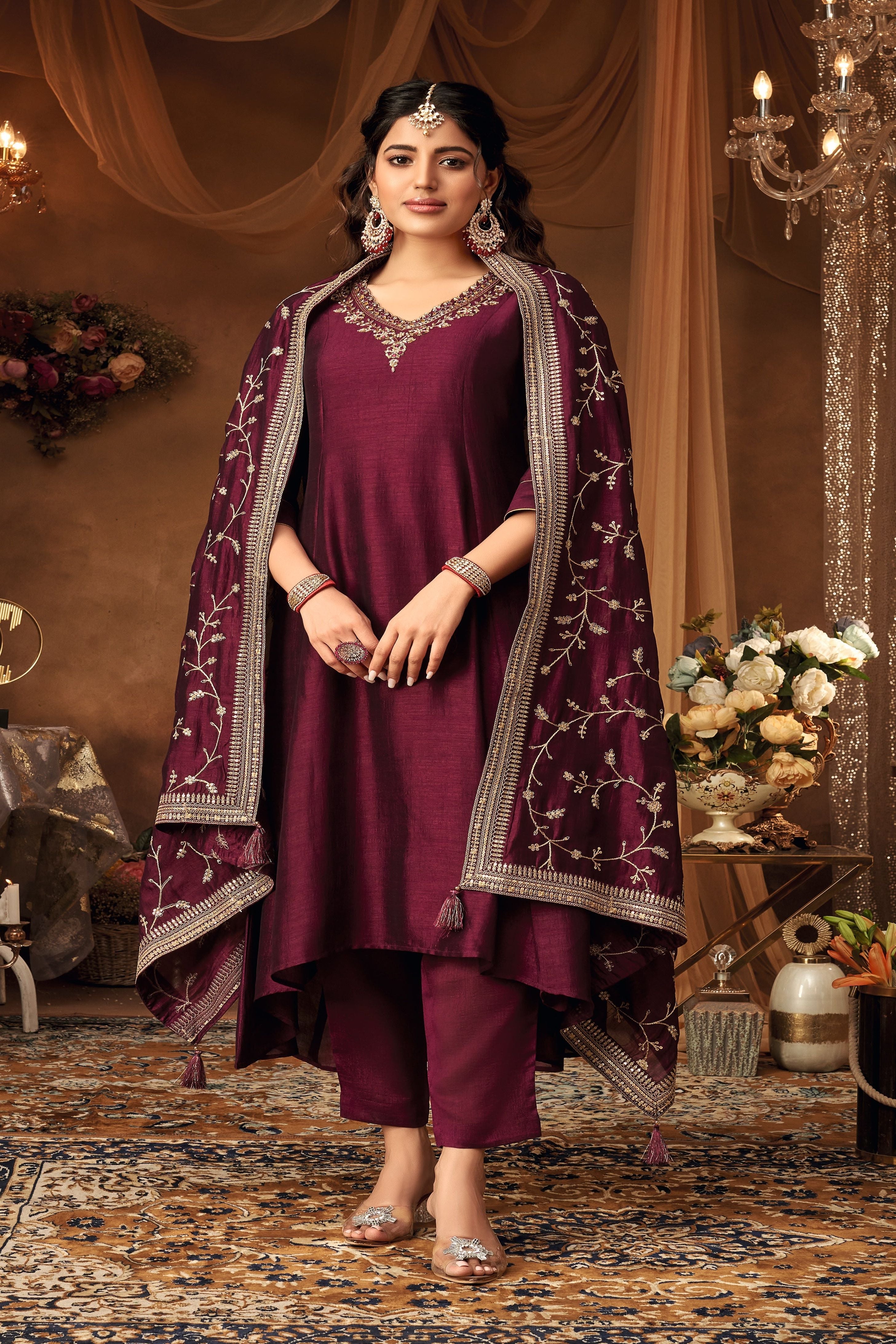 Wine Embellished Raw Silk Kurta Pants Set - Mokshaa