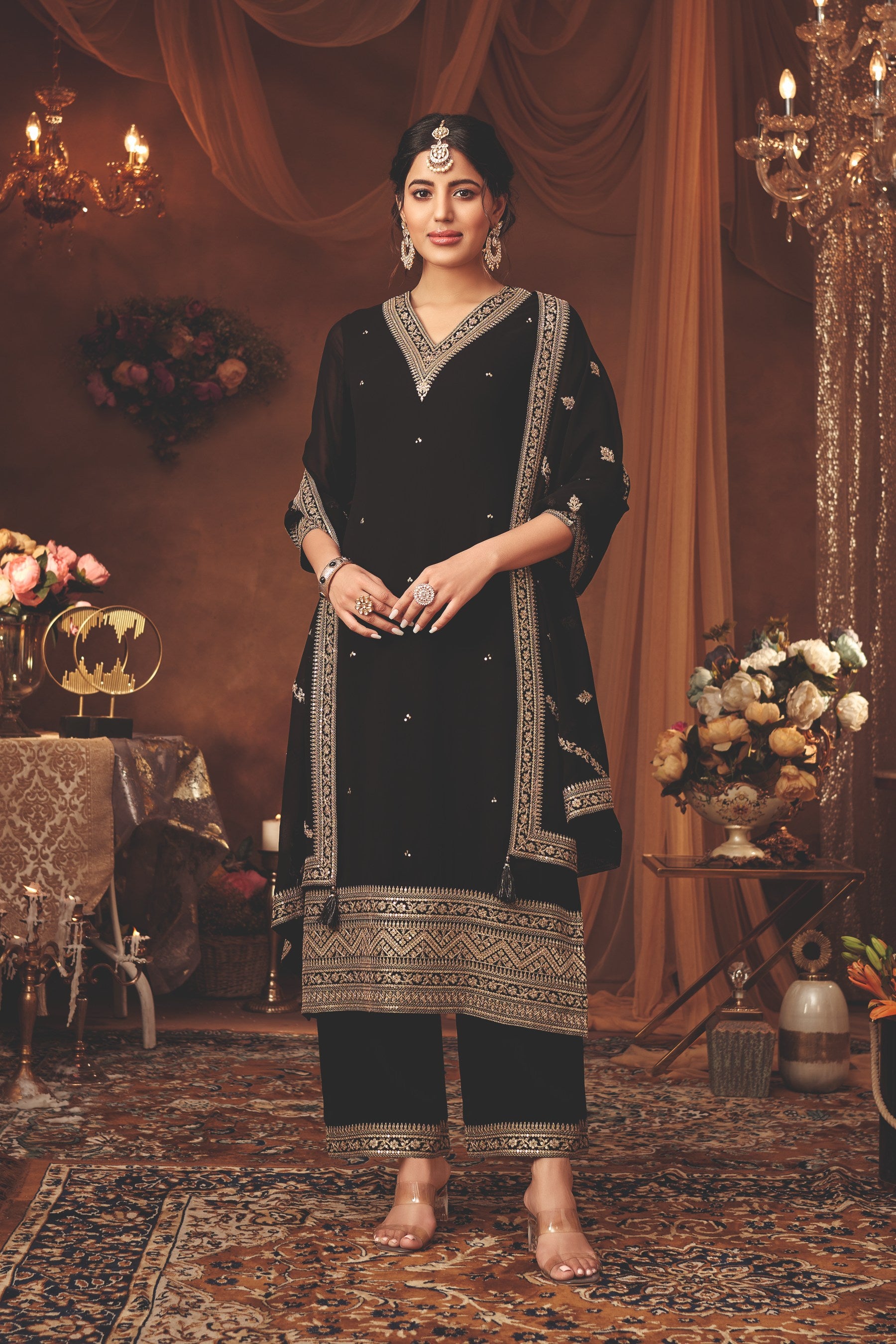 Black Embroidered Kurta Set with Intricate Golden Details - Mokshaa