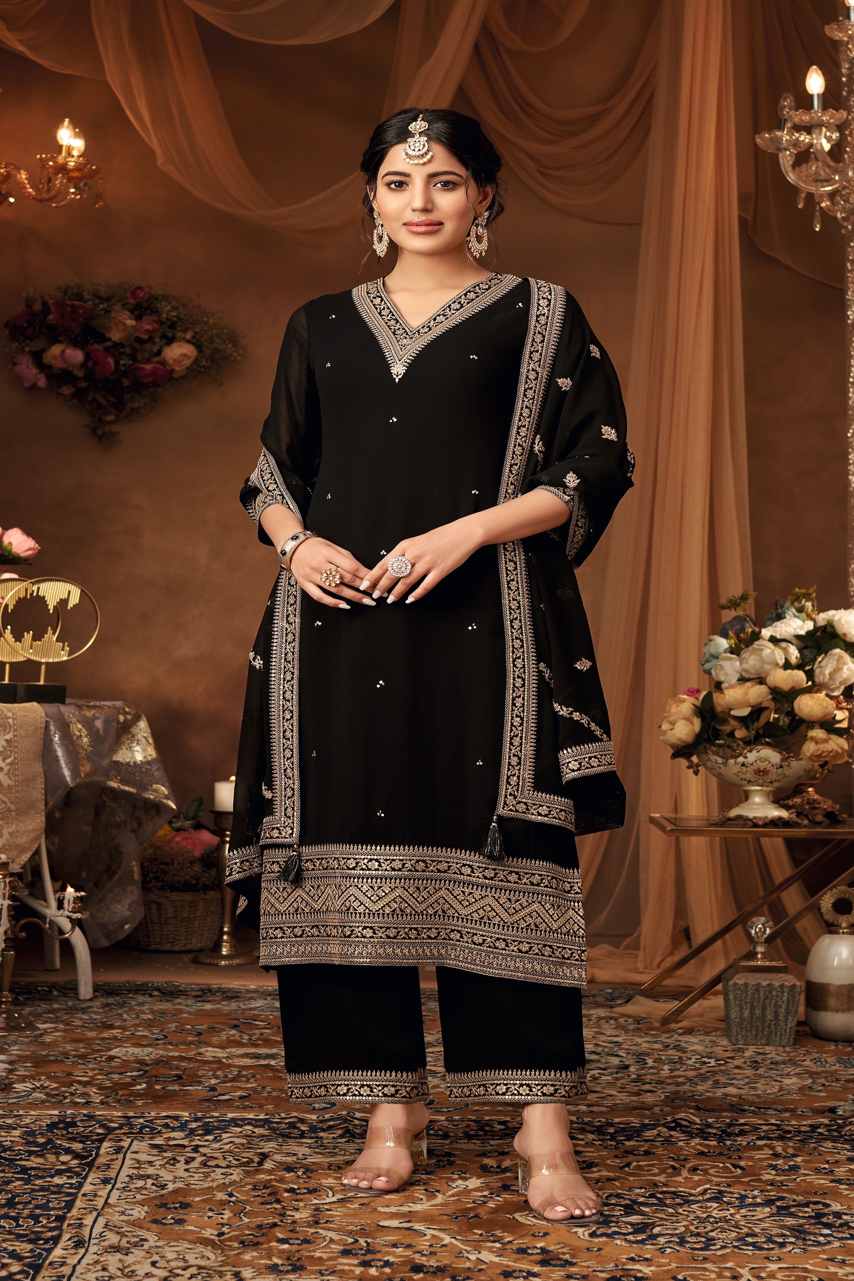 Black Embroidered Kurta Set with Intricate Golden Details - Mokshaa