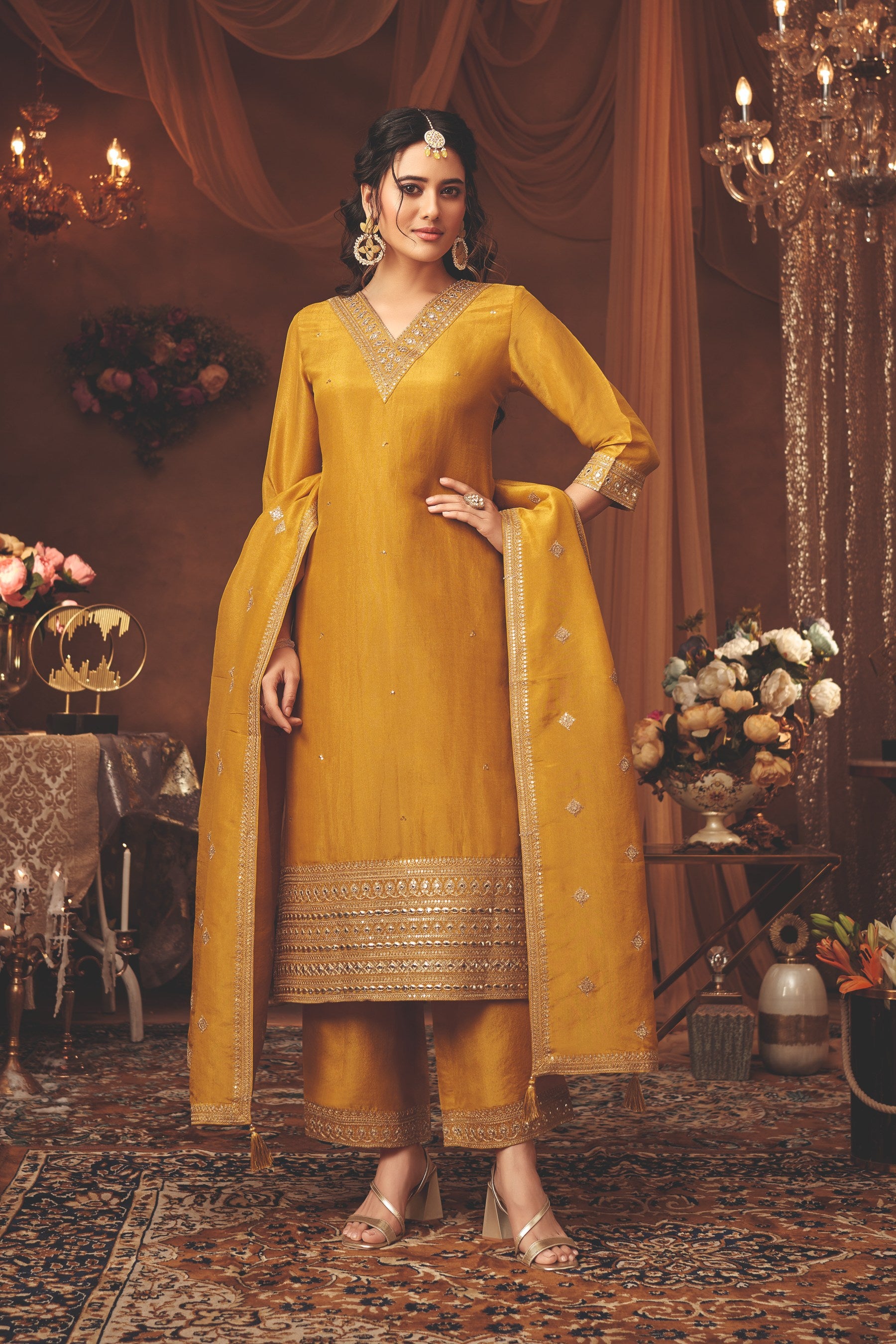 Mustard Embroidered Kurta Set with Brocade Hem and Dupatta Detailing - Mokshaa