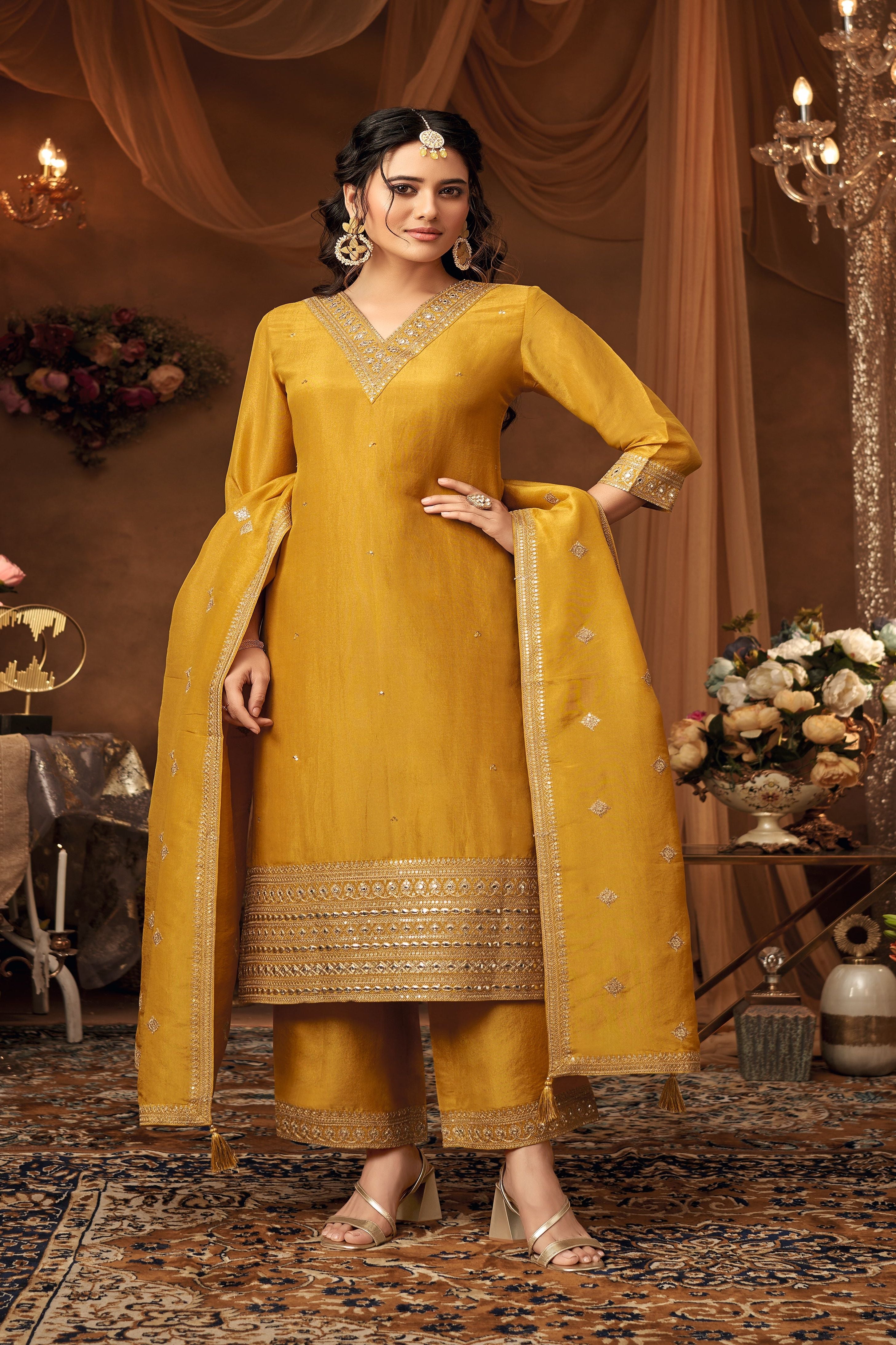 Mustard Embroidered Kurta Set with Brocade Hem and Dupatta Detailing - Mokshaa