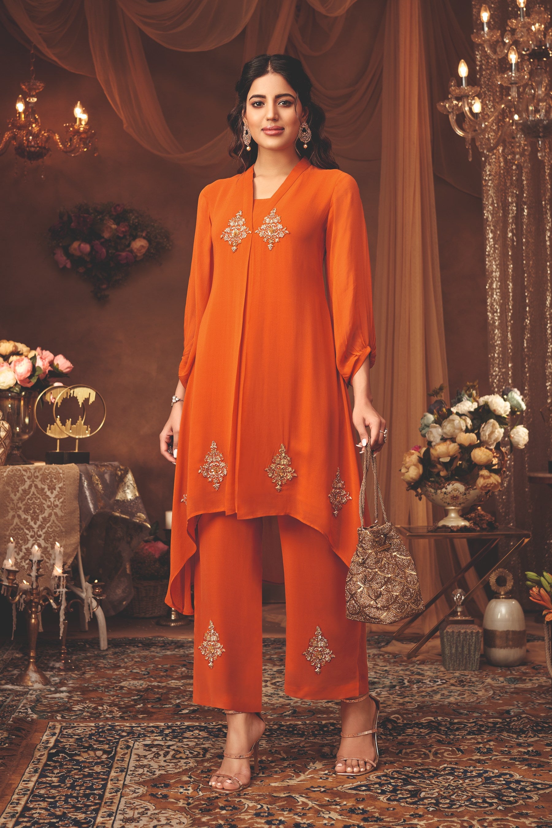 Burnt Orange Asymmetrical Kurta Set with Embellished Palazzo - Mokshaa