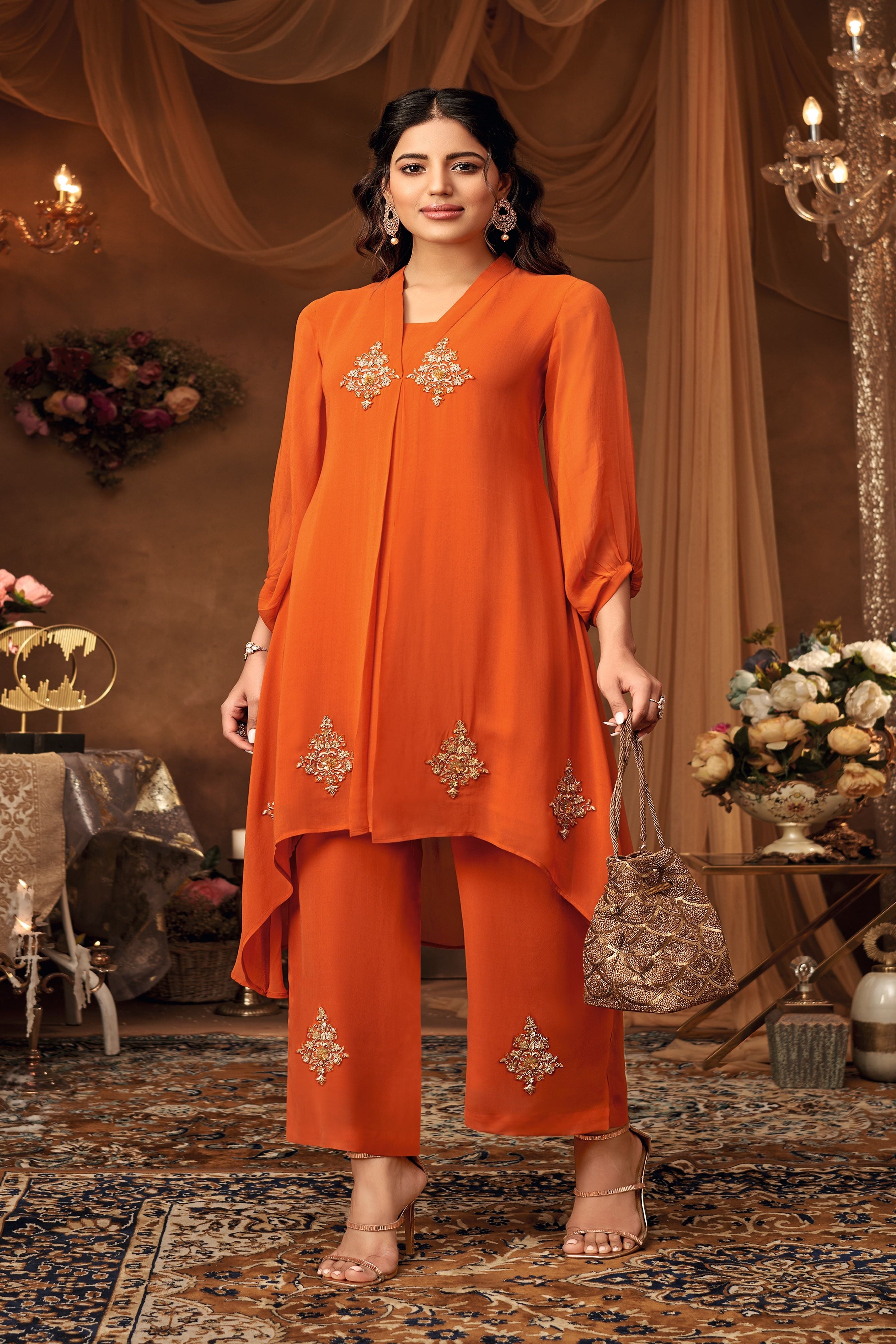 Burnt Orange Asymmetrical Kurta Set with Embellished Palazzo - Mokshaa