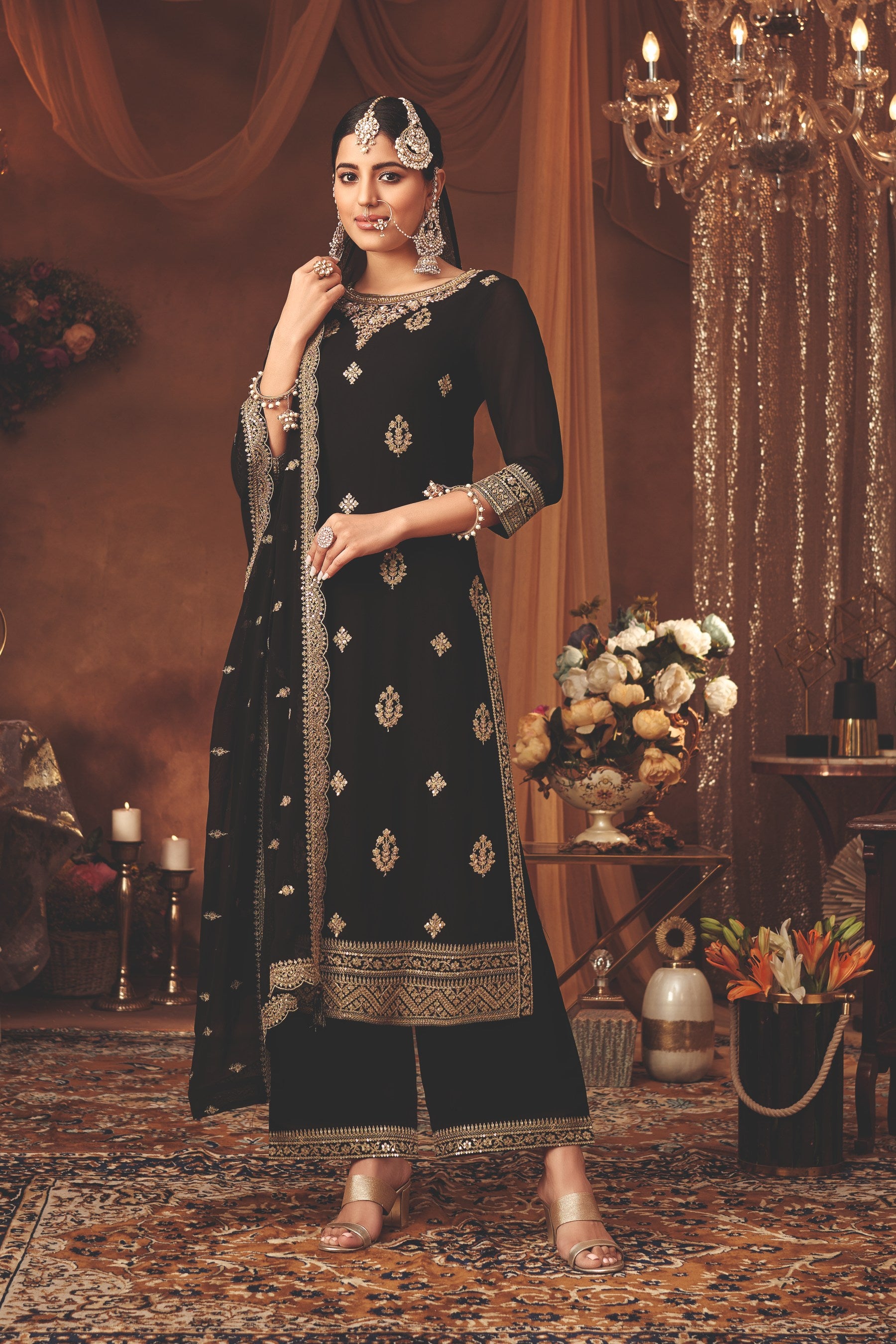 Elegant Black Embroidered Suit with Embellished Dupatta - Mokshaa