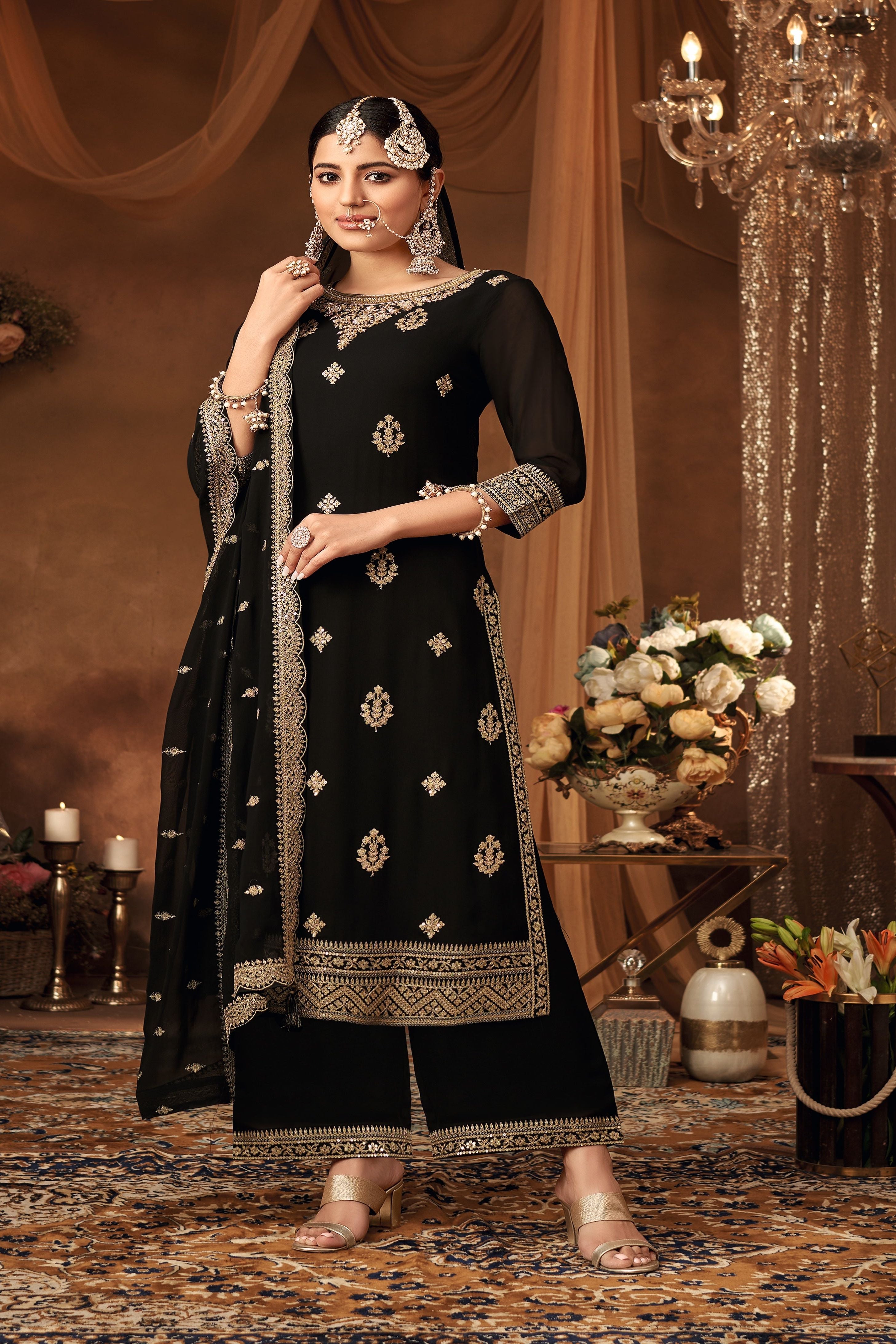 Elegant Black Embroidered Suit with Embellished Dupatta - Mokshaa