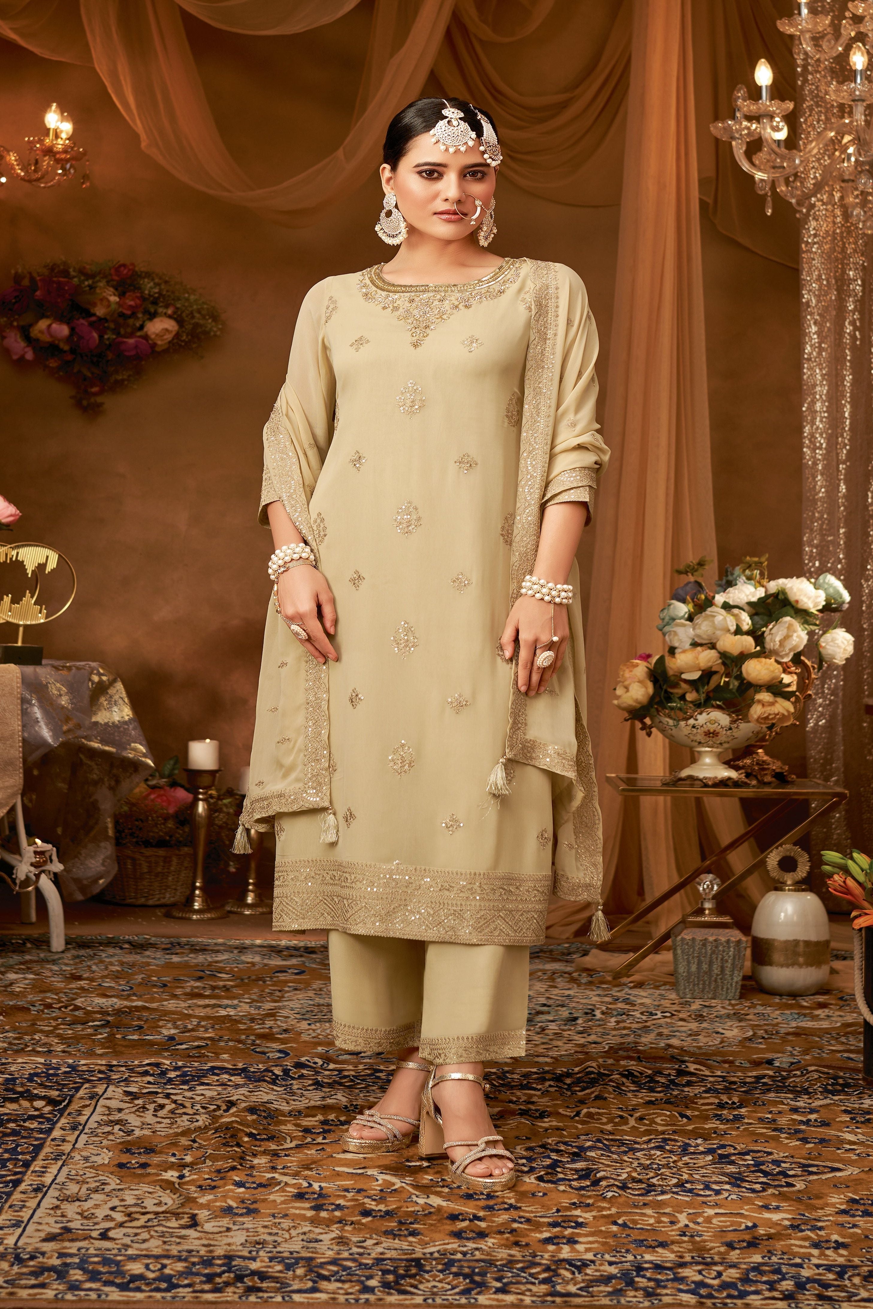 Elegant Gold Embroidered Suit with Embellished Dupatta - Mokshaa