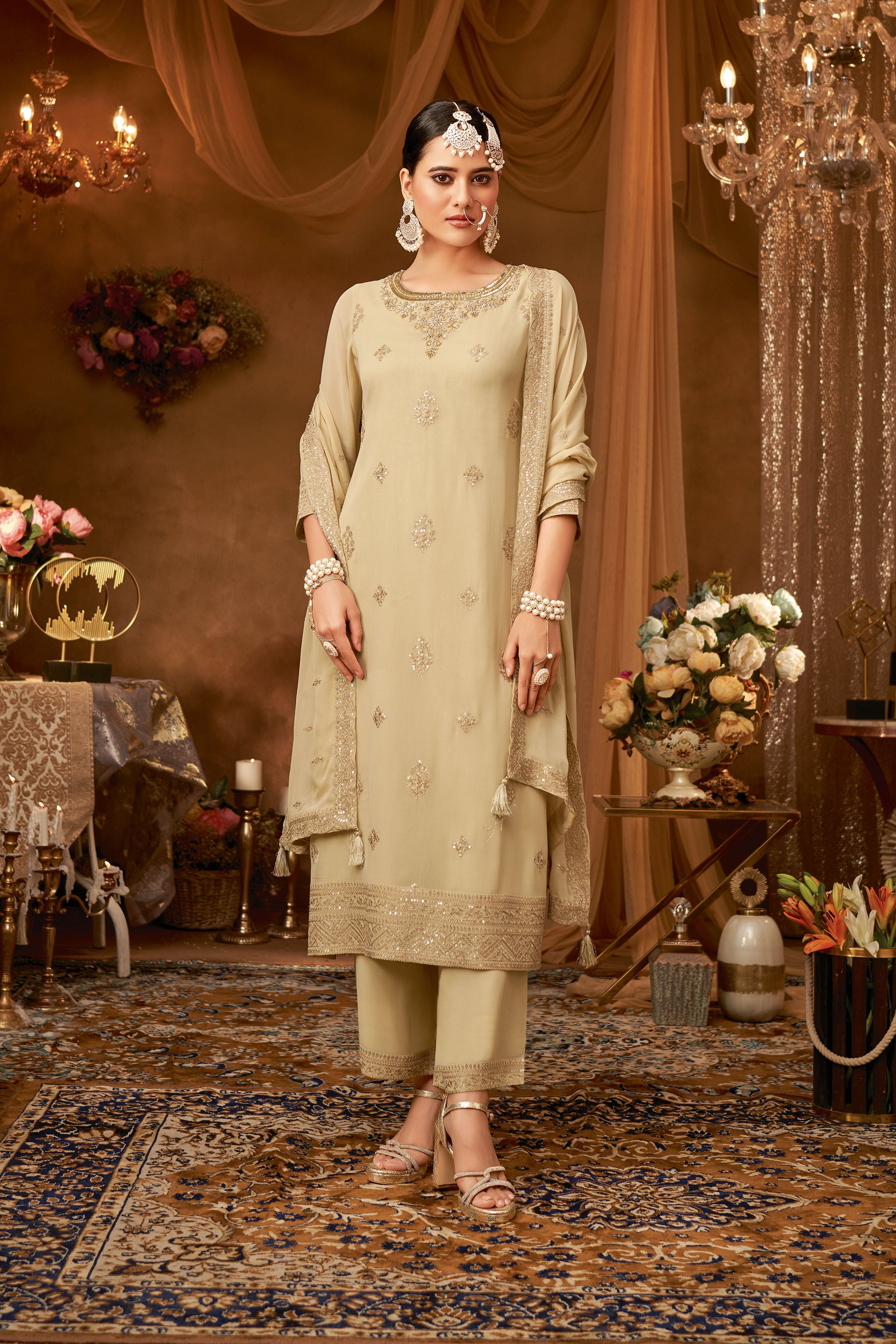 Elegant Gold Embroidered Suit with Embellished Dupatta - Mokshaa