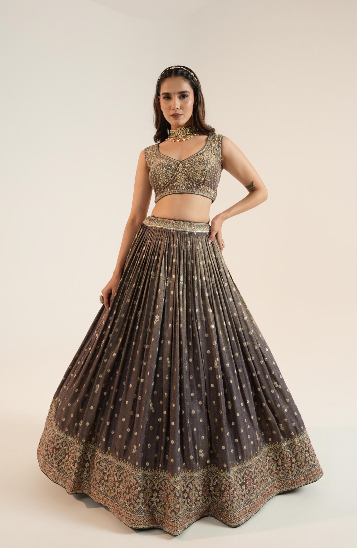Charcoal Grey Embroidered Lehenga Set