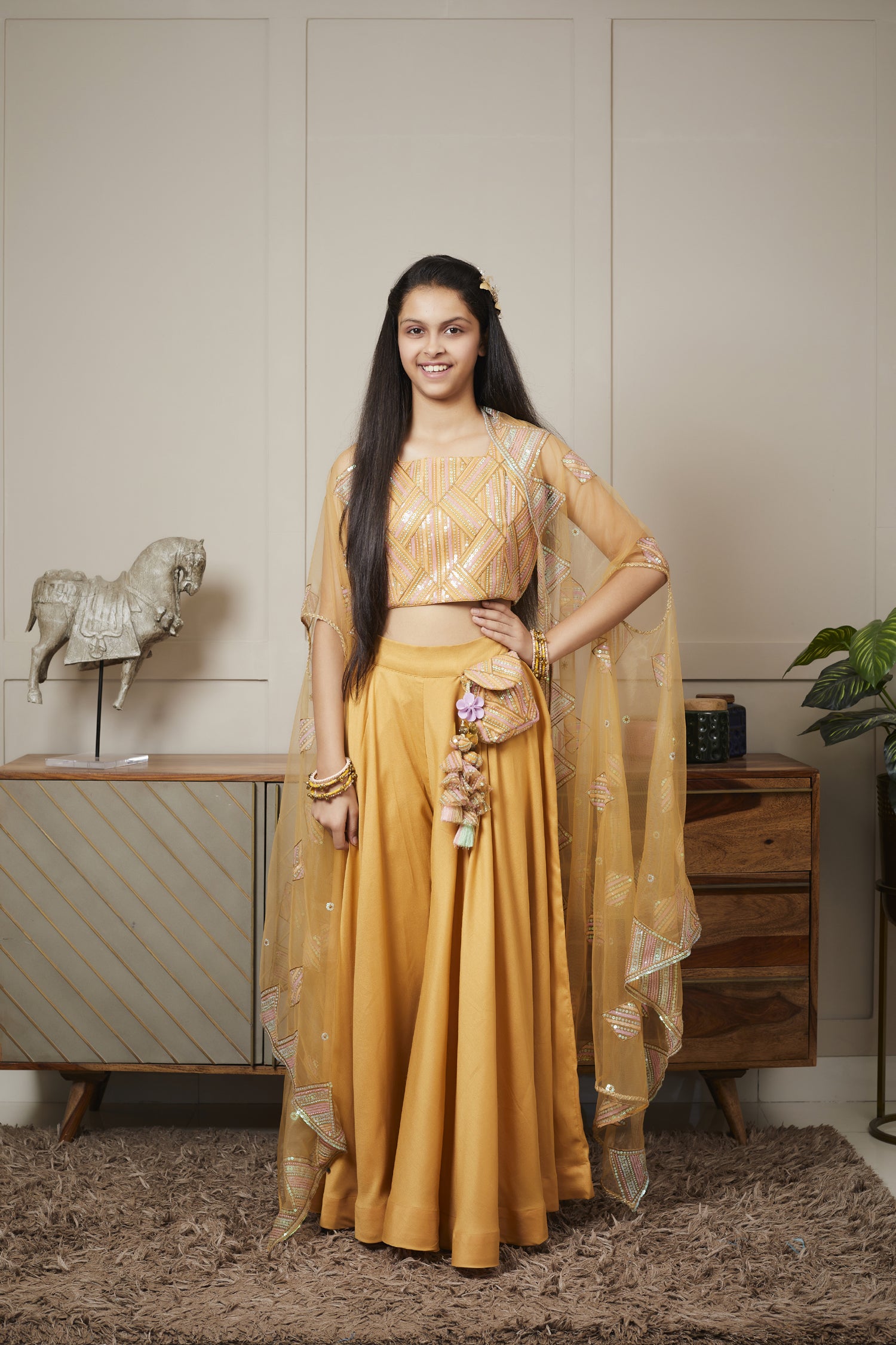 Musterd Yellow Crop Top Pant with Cape - Mokshaa