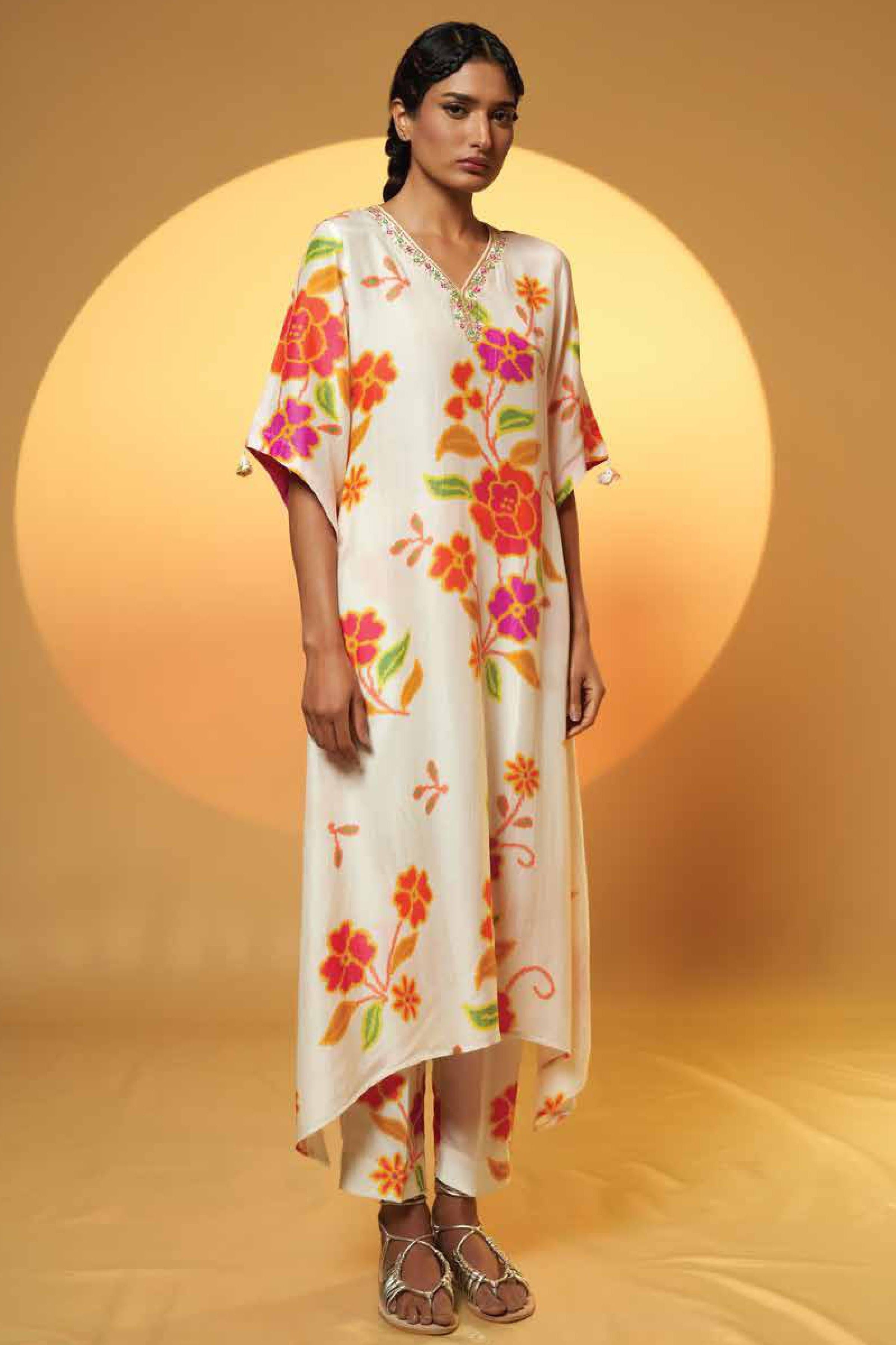 Ivory Bloom Asymmetrical Kurta Set  Mokshaa