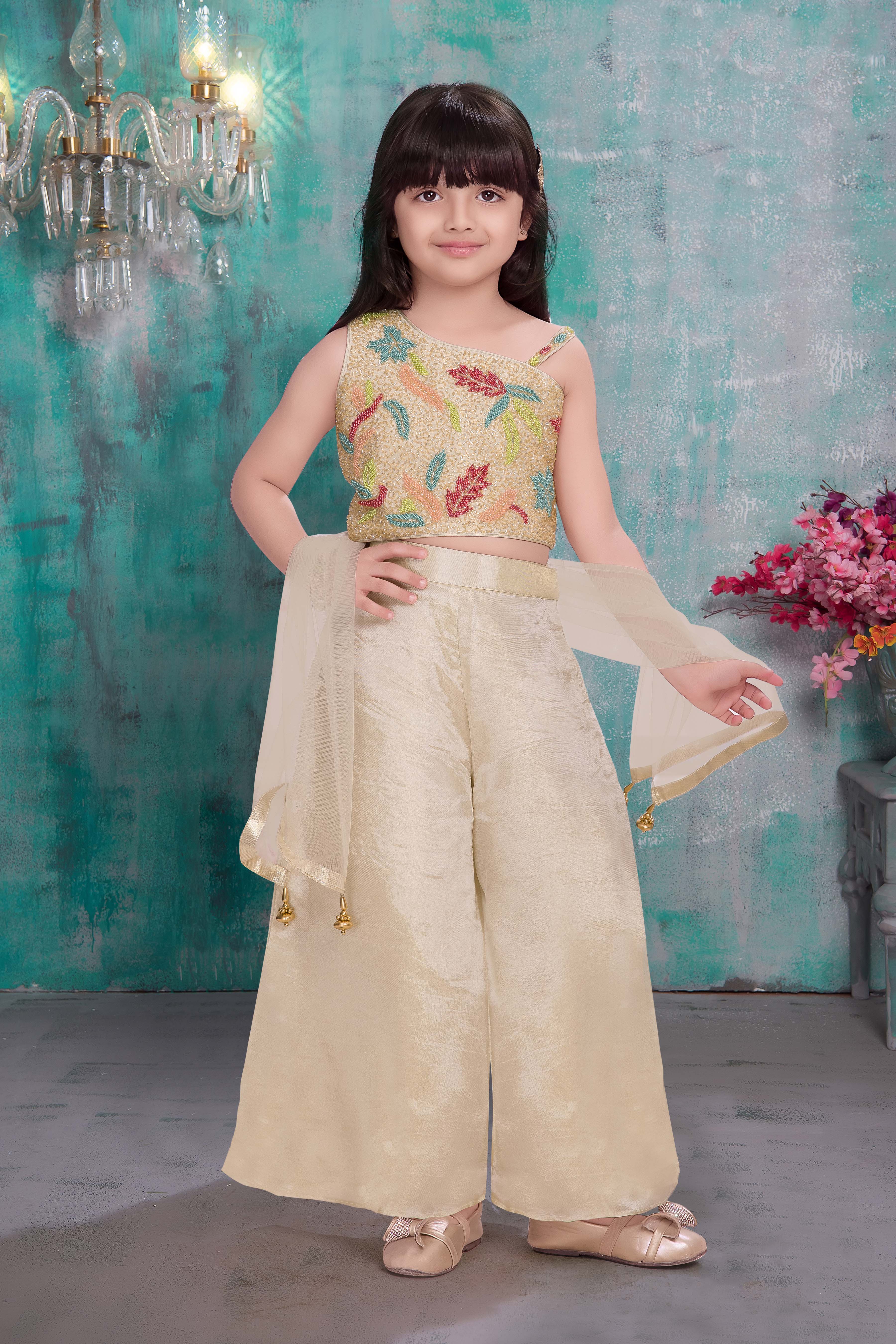Ivory Palazzo Set with Multicolor Embroidered Asymmetric Top
