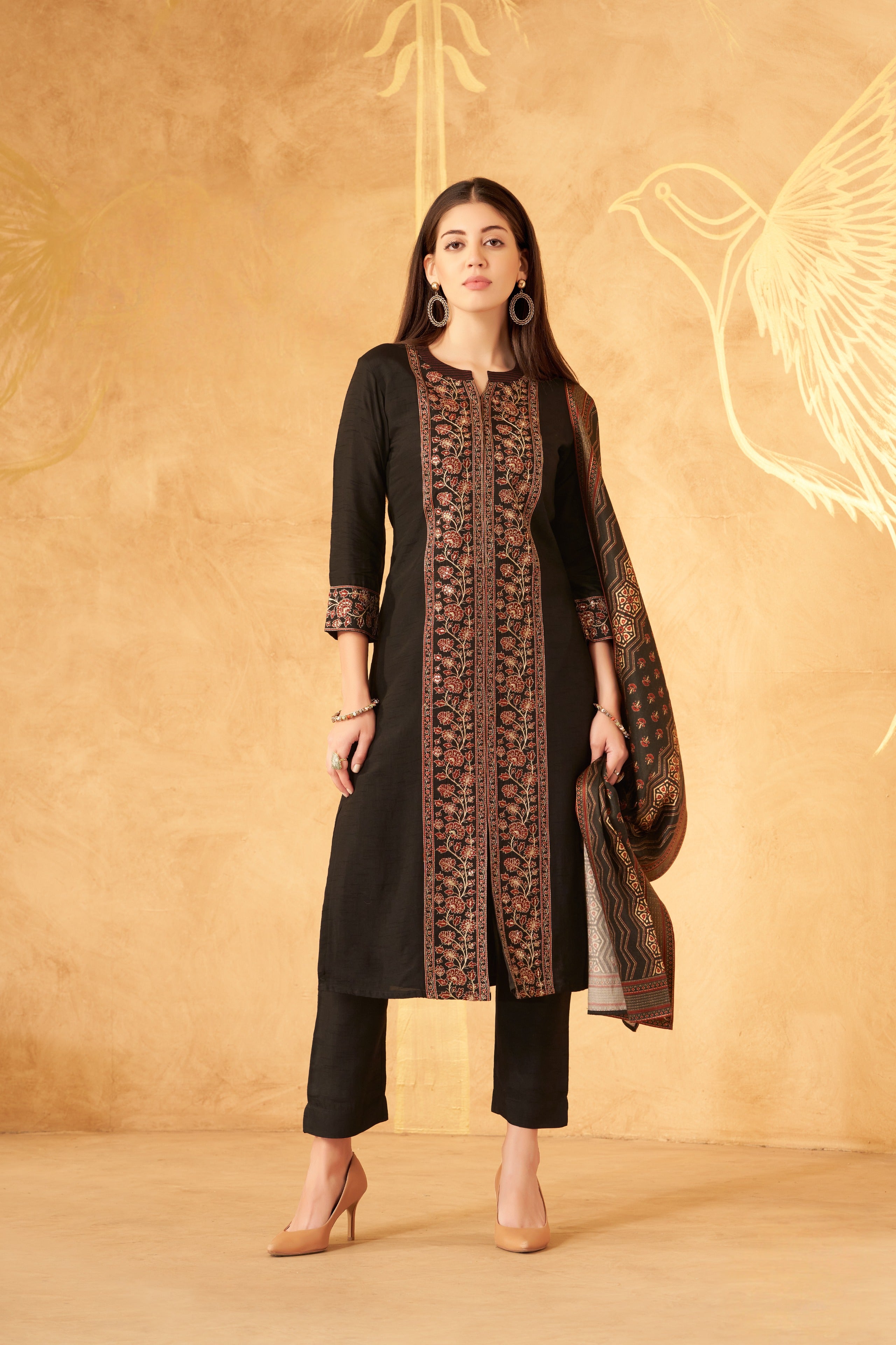 Black Embroidered Silk Kurta Set with Printed Dupatta