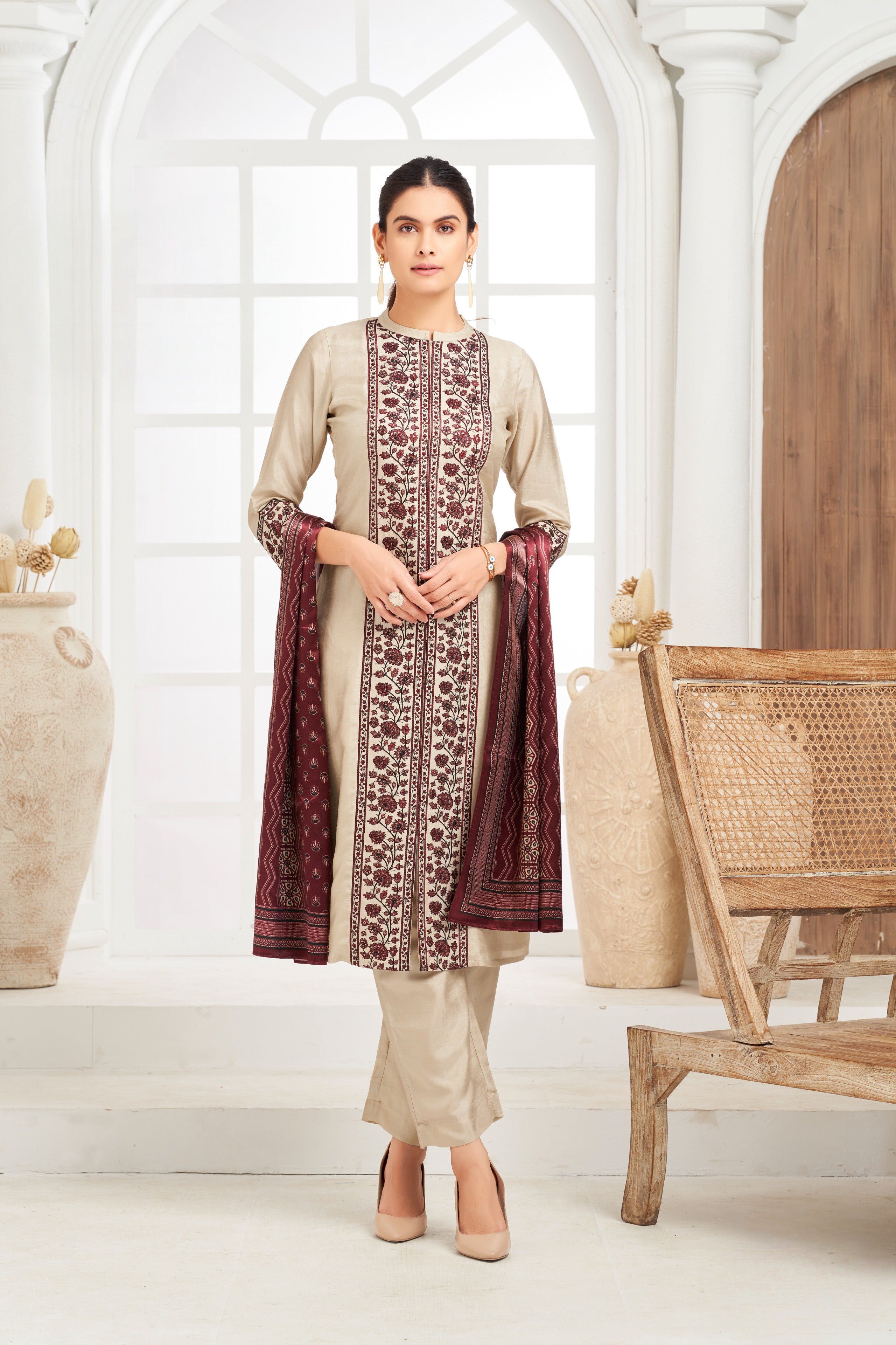 Ivory Embroidered Silk Kurta Set with Printed Dupatta