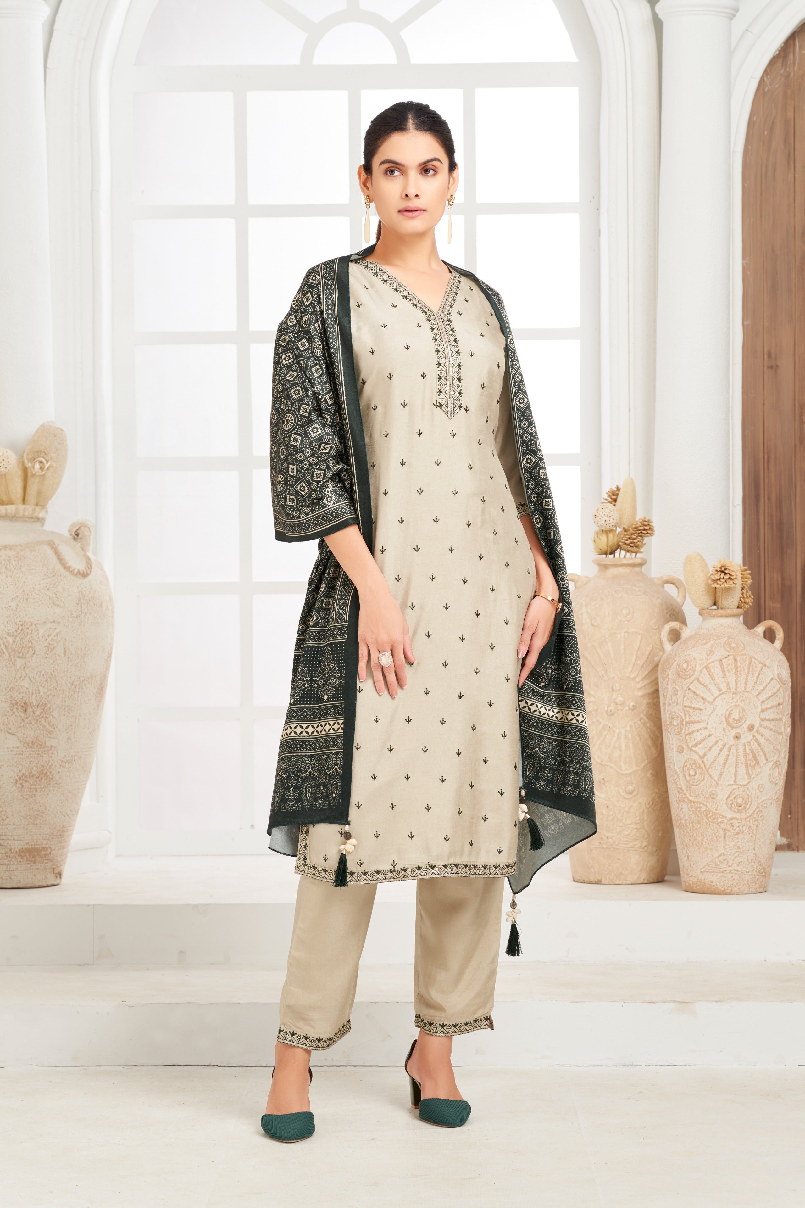 Beige Embroidered Silk Kurta Set with Printed Dupatta