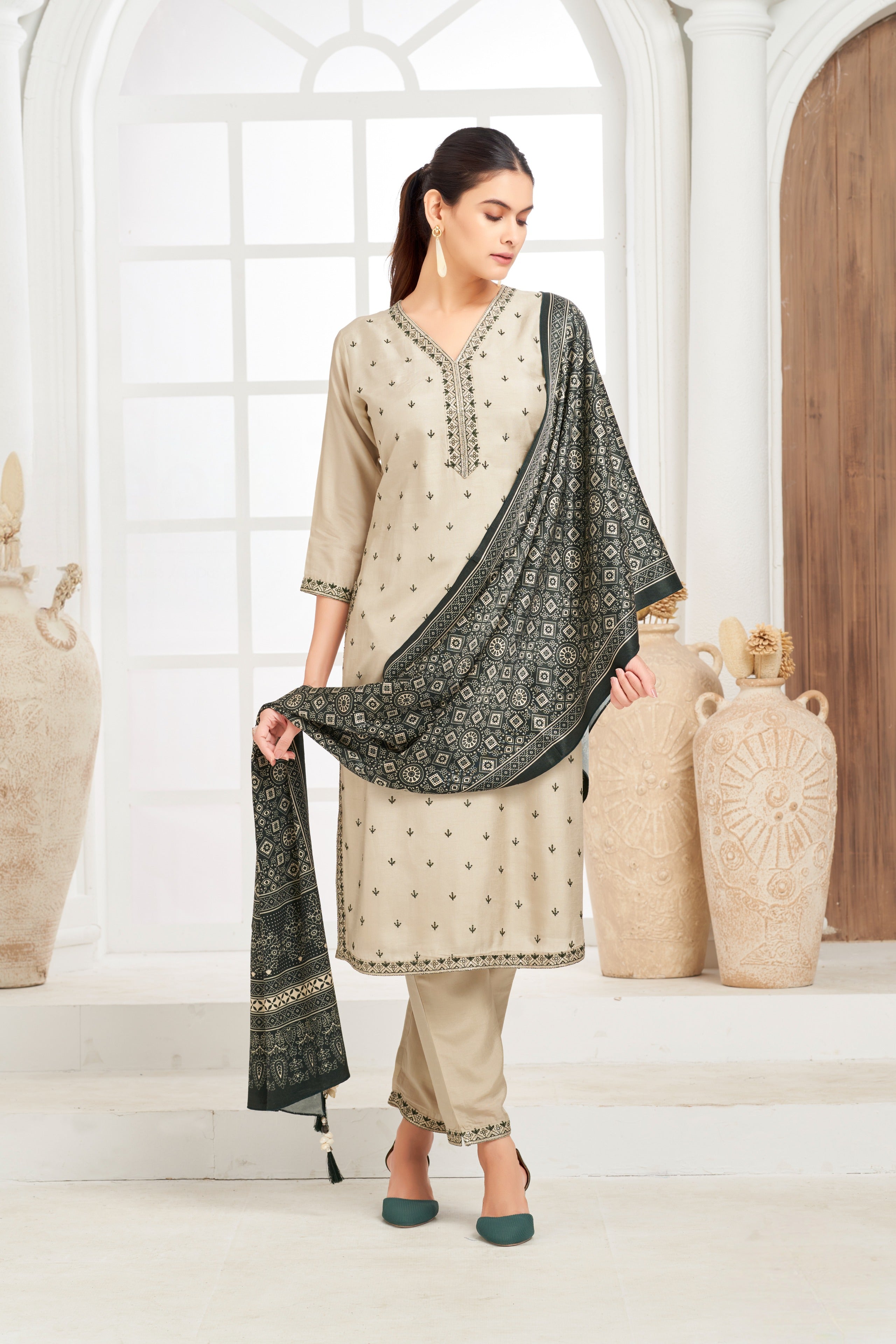 Beige Embroidered Silk Kurta Set with Printed Dupatta