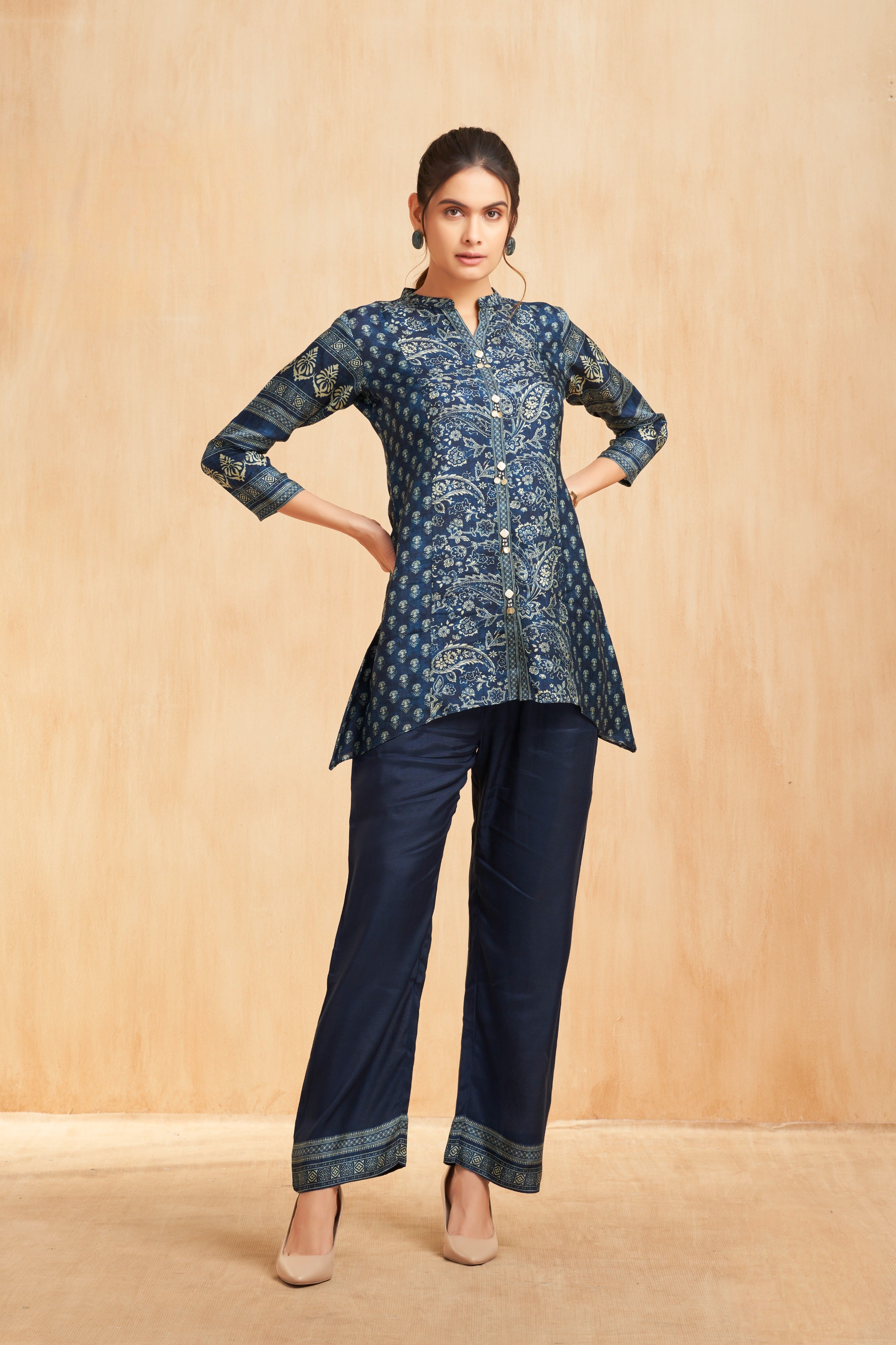 Navy Printed Silk Kurta Co-Ord Set with Traditional Floral Motifs