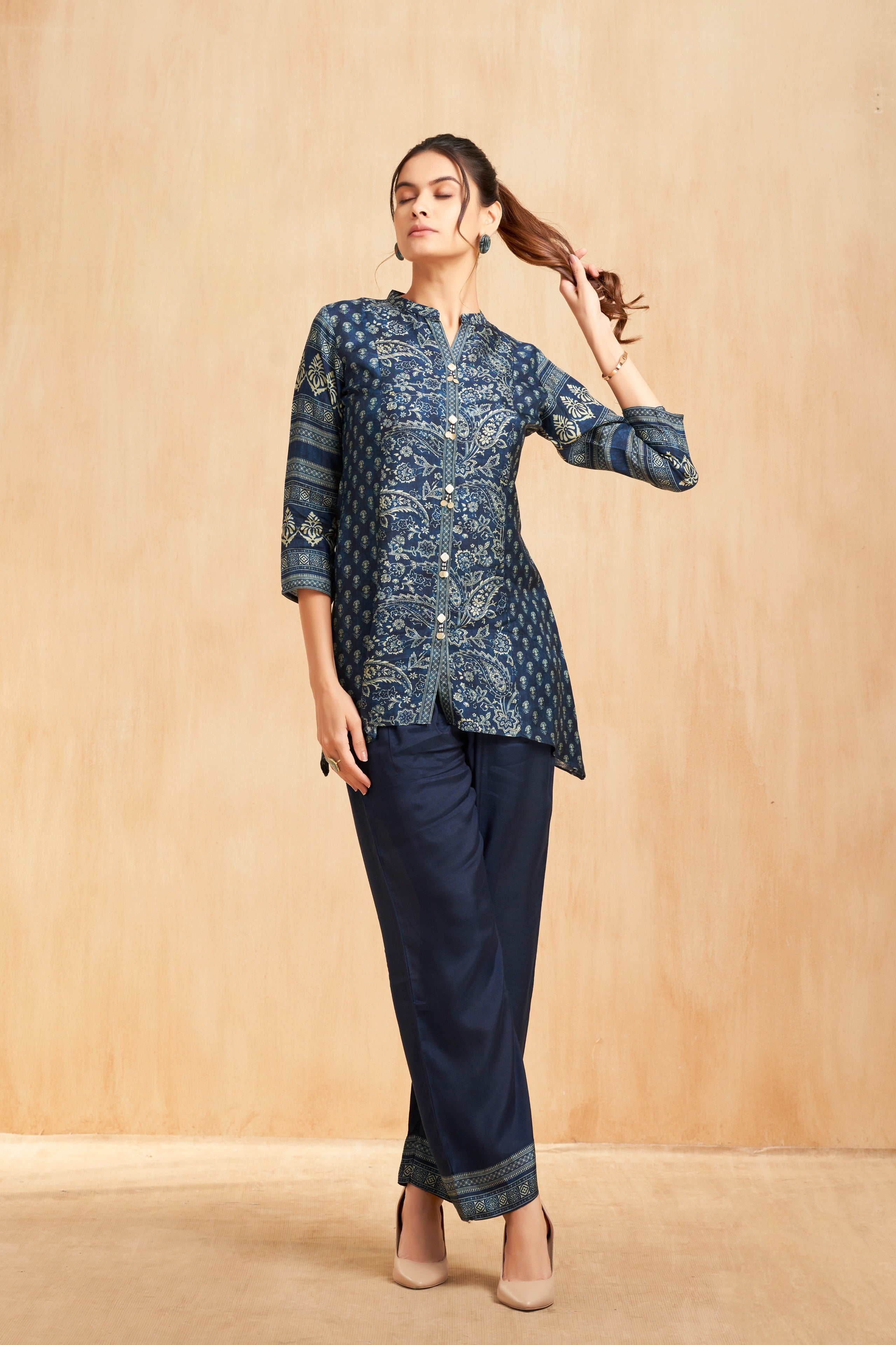 Navy Printed Silk Kurta Co-Ord Set with Traditional Floral Motifs