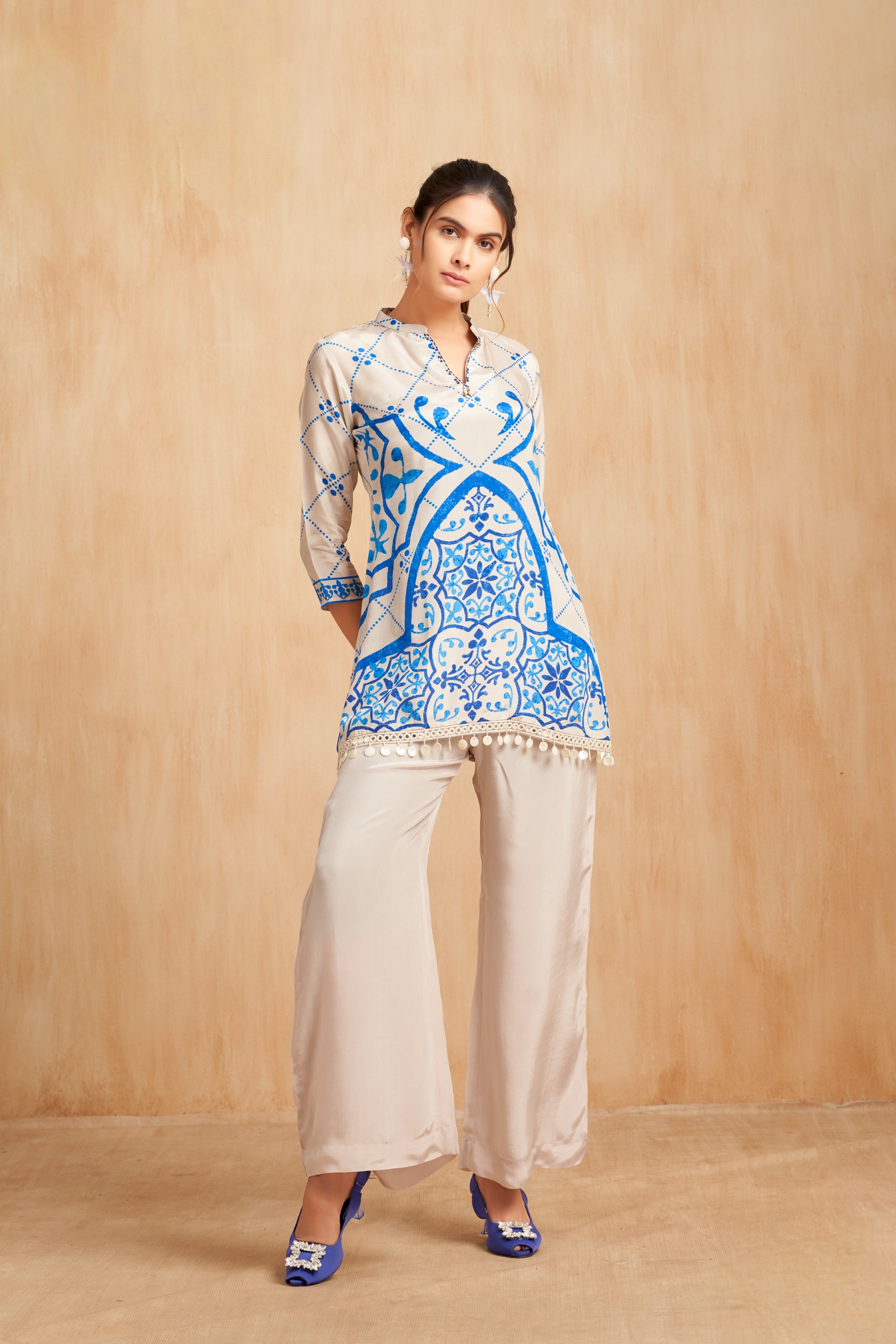 Ivory & Cobalt Printed Crepe Kurta Set with Pom-Pom Hem Detailing