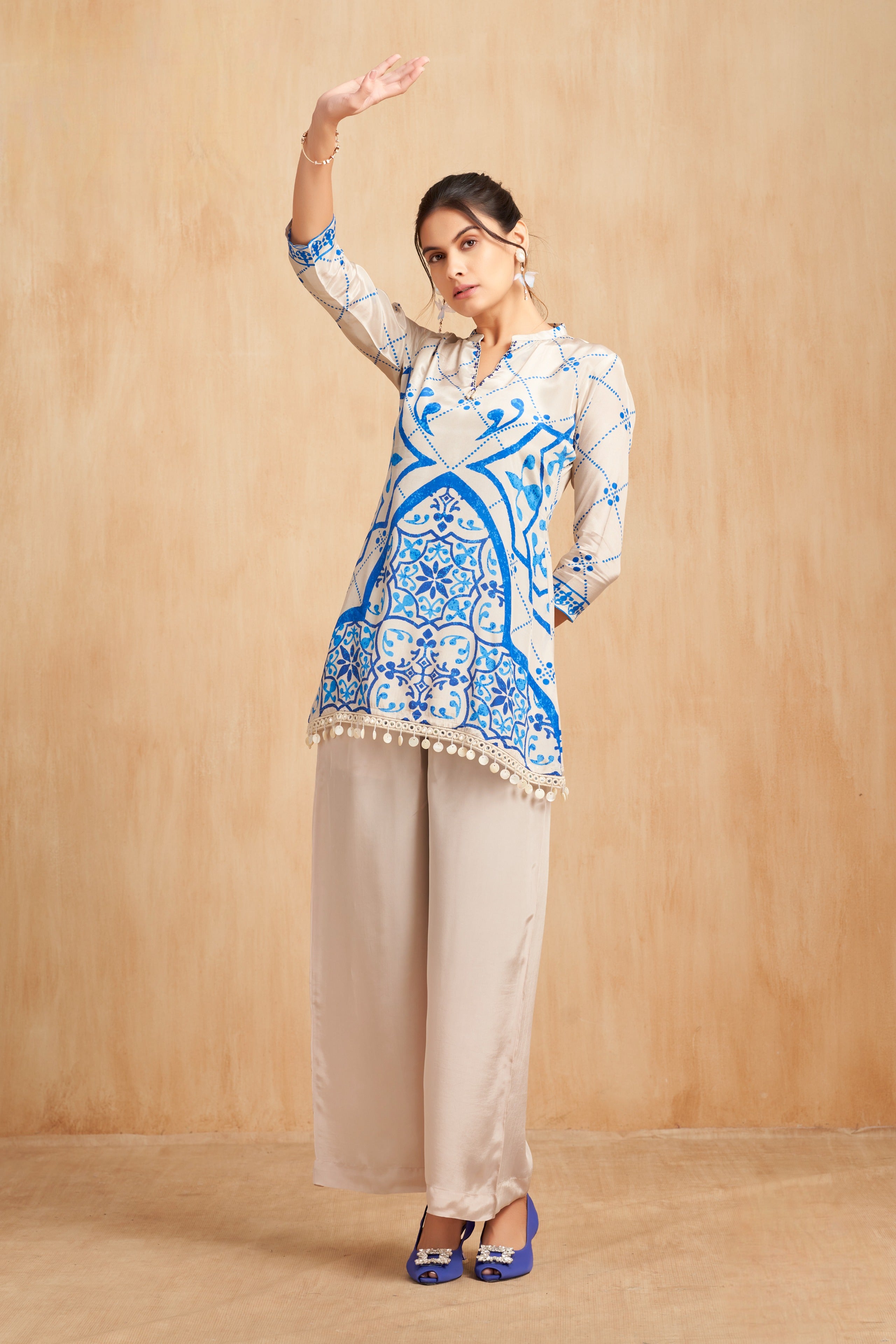 Ivory & Cobalt Printed Crepe Kurta Set with Pom-Pom Hem Detailing
