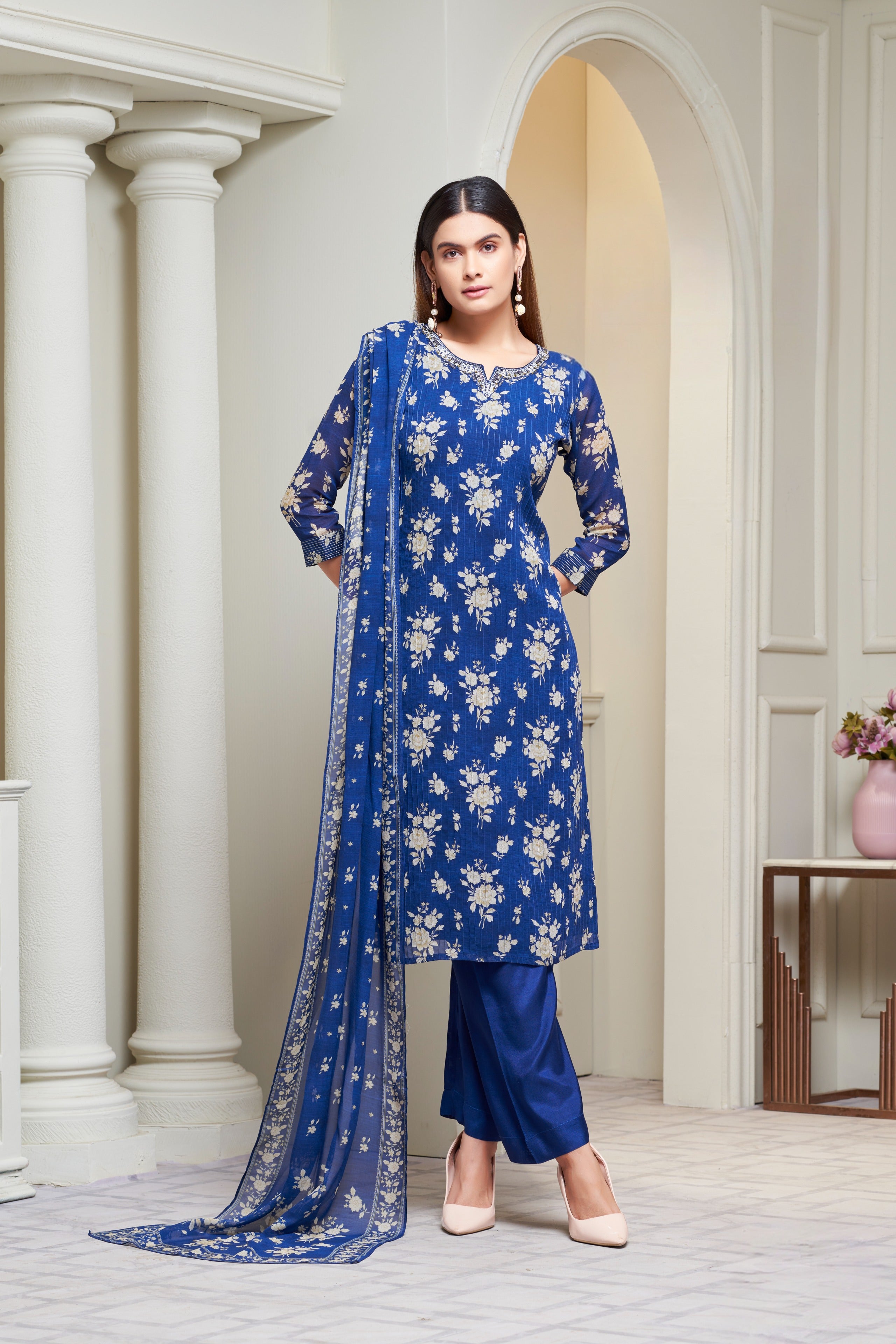 Royal Blue Floral Printed Kurta Set with Sheer Dupatta