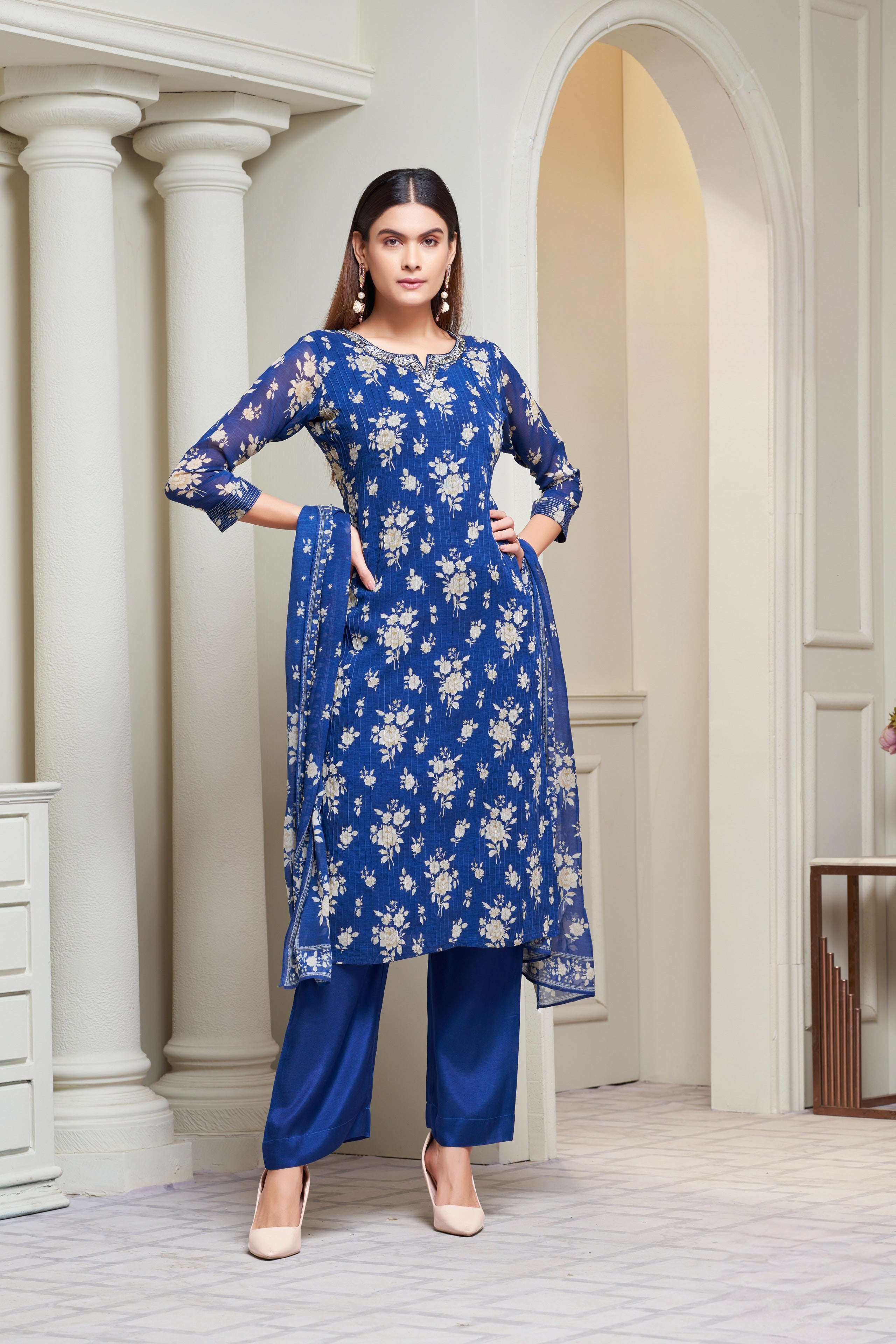 Royal Blue Floral Printed Kurta Set with Sheer Dupatta